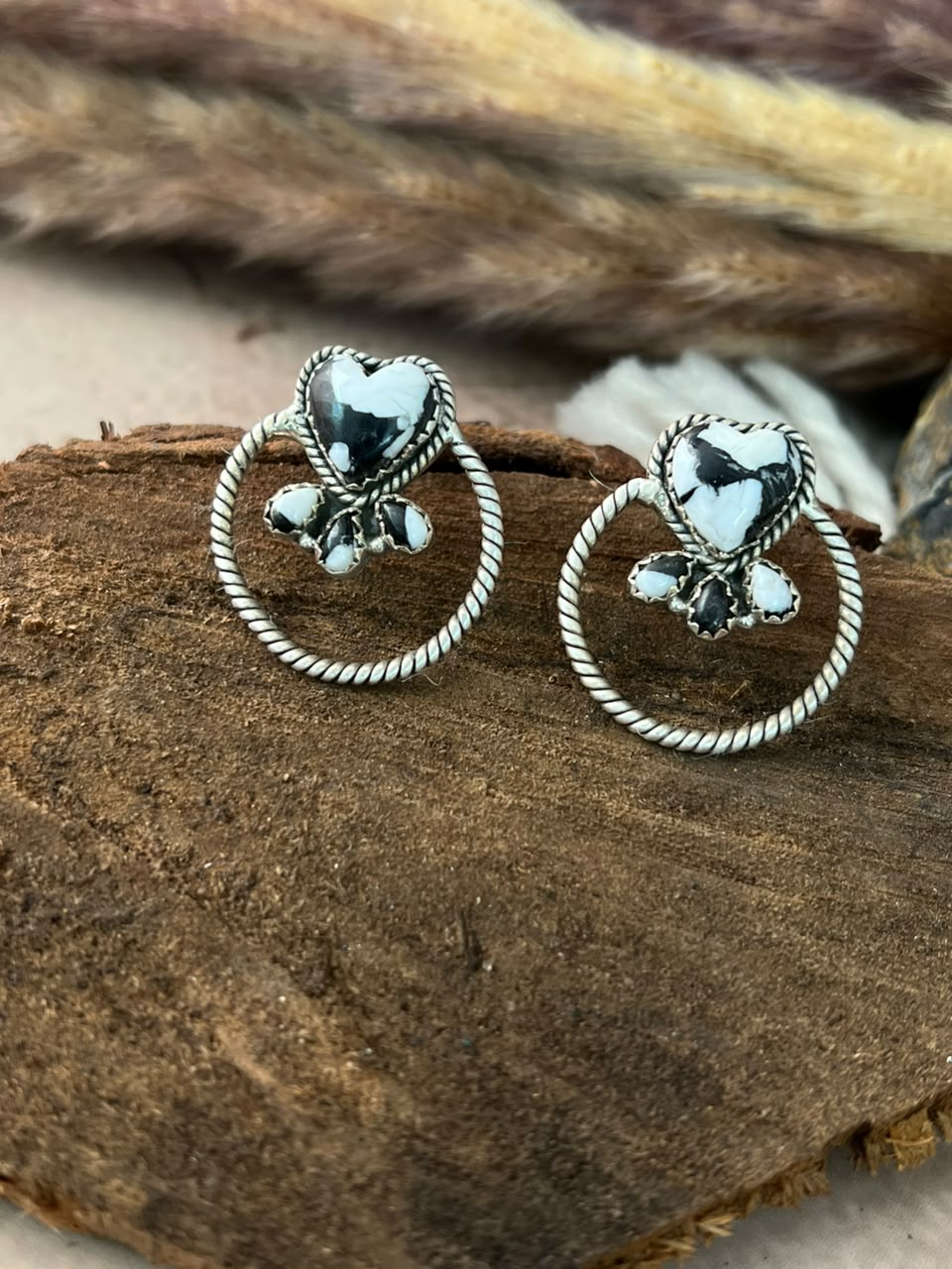 Handmade Sterling Silver White Buffalo Post Hoop Earrings Signed Nizhoni