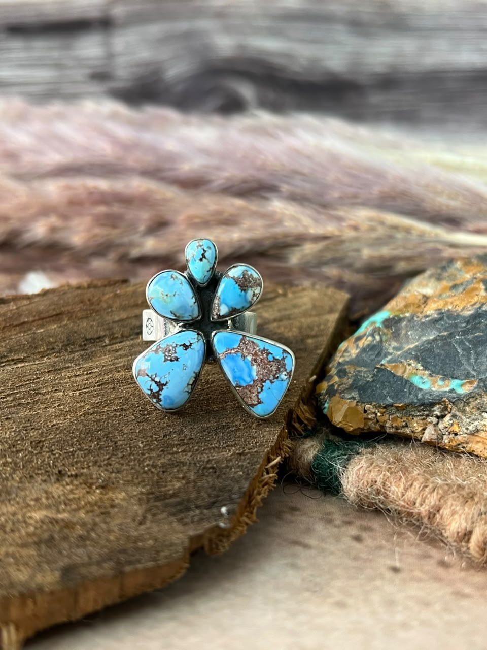 Handmade Sterling Silver Golden Hills Turquoise Adjustable Ring Signed Nizhoni