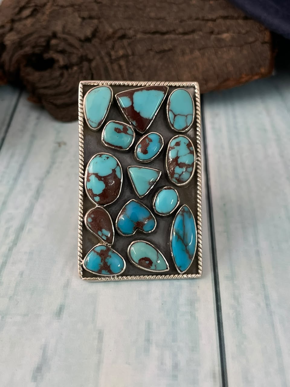 Handmade Sterling Silver Egyptian Turquoise Collection: Adjustable Bar Ring Signed Nizhoni