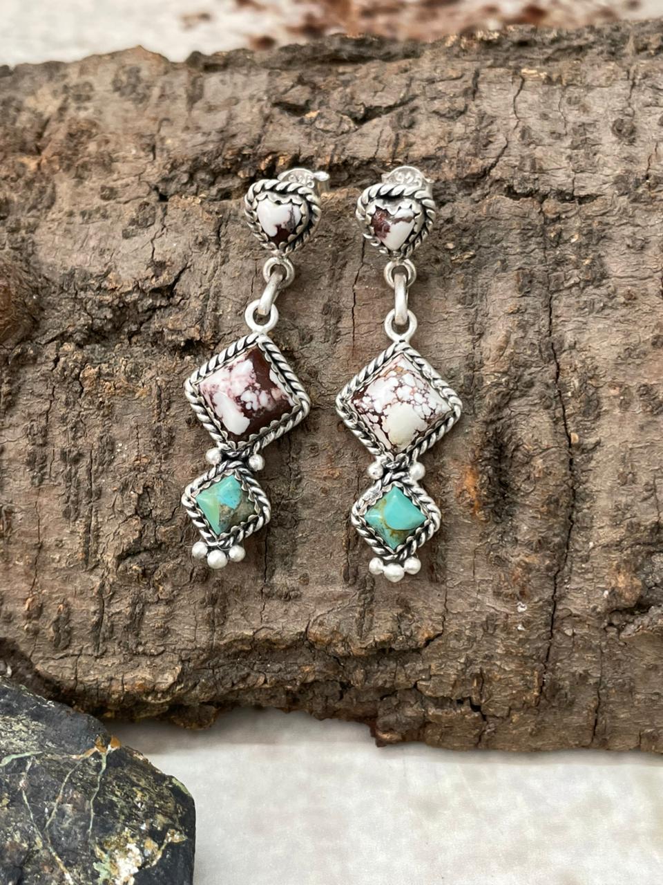 Handmade Sterling Silver Kingman with Wildhorse Post Studs Earrings "Signed Nizhoni"