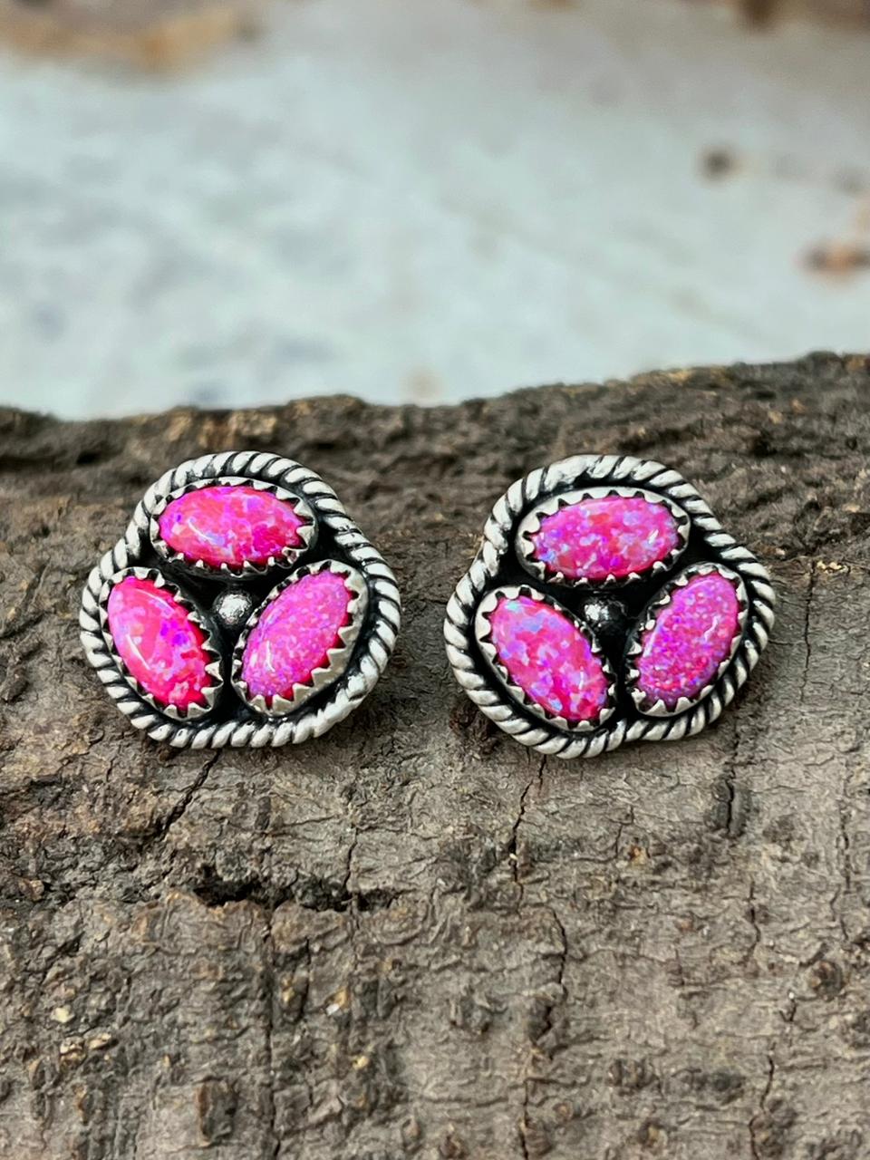 Handmade Sterling Silver Hot Pink Post Studs Earrings "Signed Nizhoni"