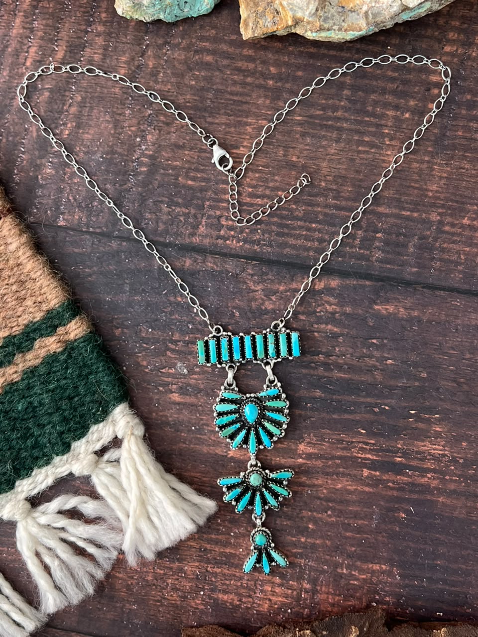 Handmade Sterling Silver Kingman Turquoise Drop Necklace Signed Nizhoni