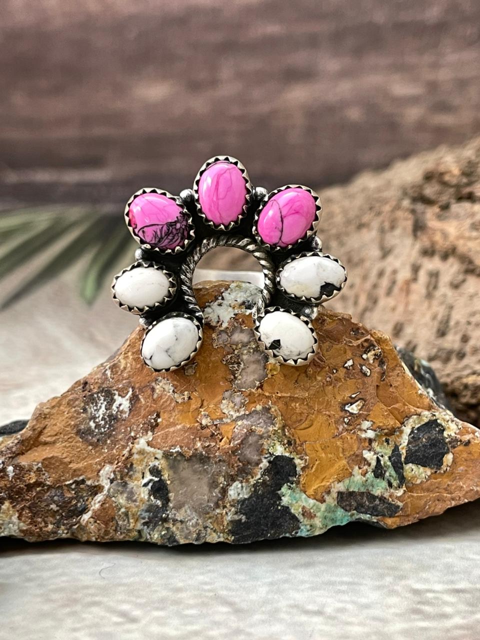 Handmade Sterling Silver White Buffalo with Cherry Blossom Adjustable Ring "Signed Nizhoni"