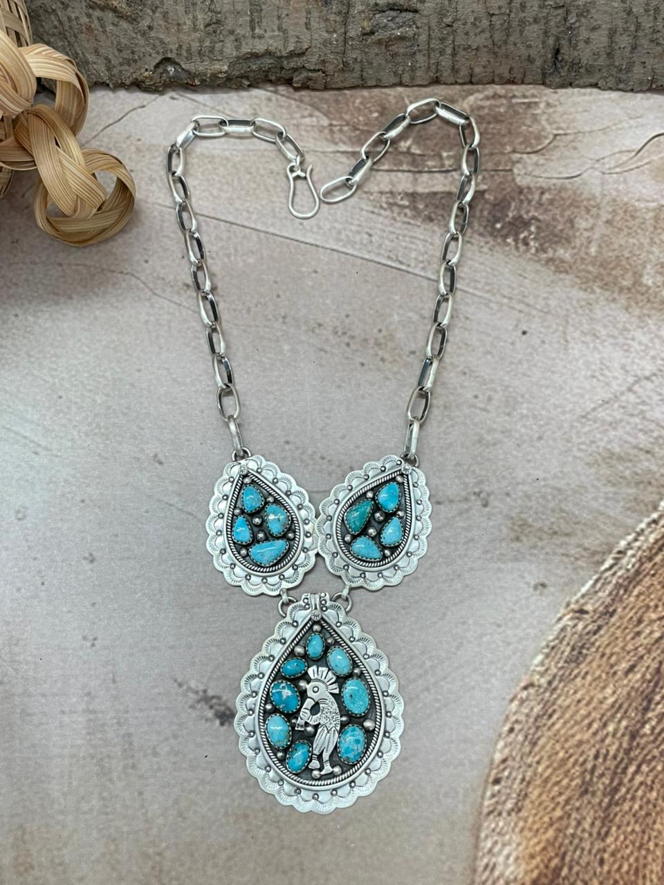 Handmade Sterling Silver White Wate Turquoise Necklace with Signed Nizhoni