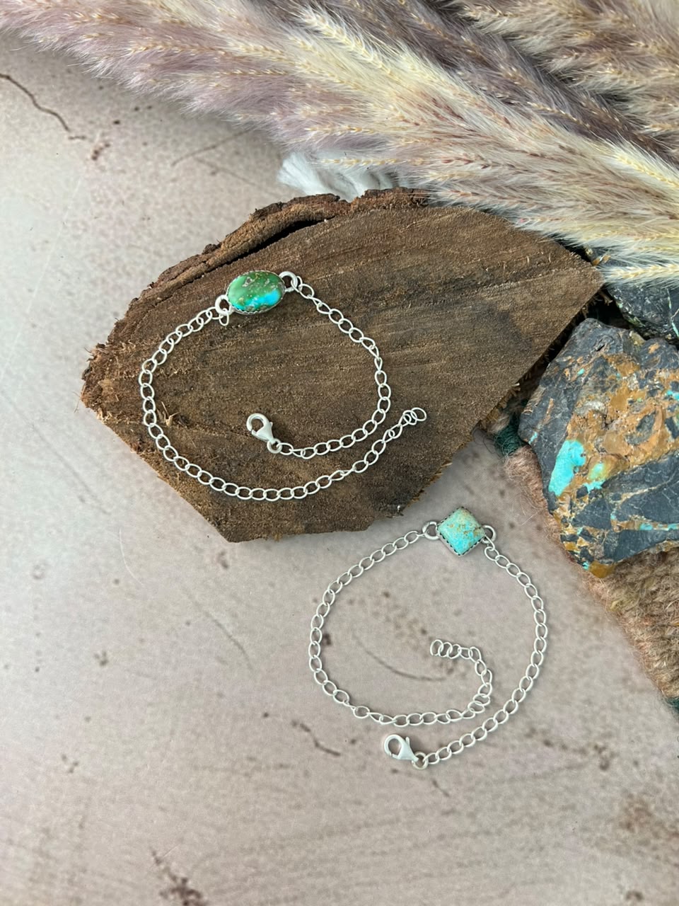 Handmade Sterling Silver Sonoran Mountain and Number 8 Turquoise Chain Bracelet Signed Nizhoni