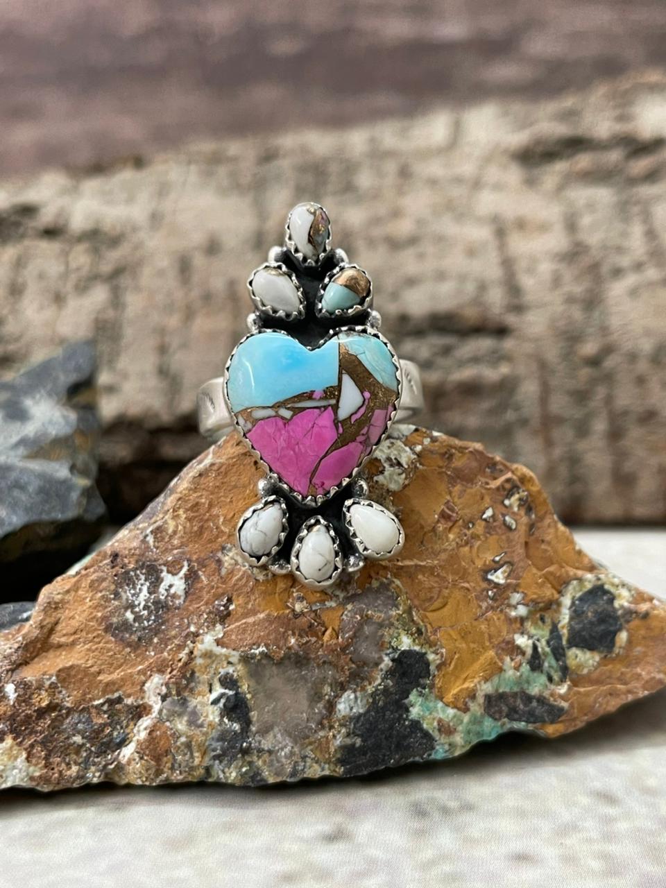 "Heart Collection" Handmade Sterling Silver Cotton Candy Adjustable Ring "Signed Nizhoni"