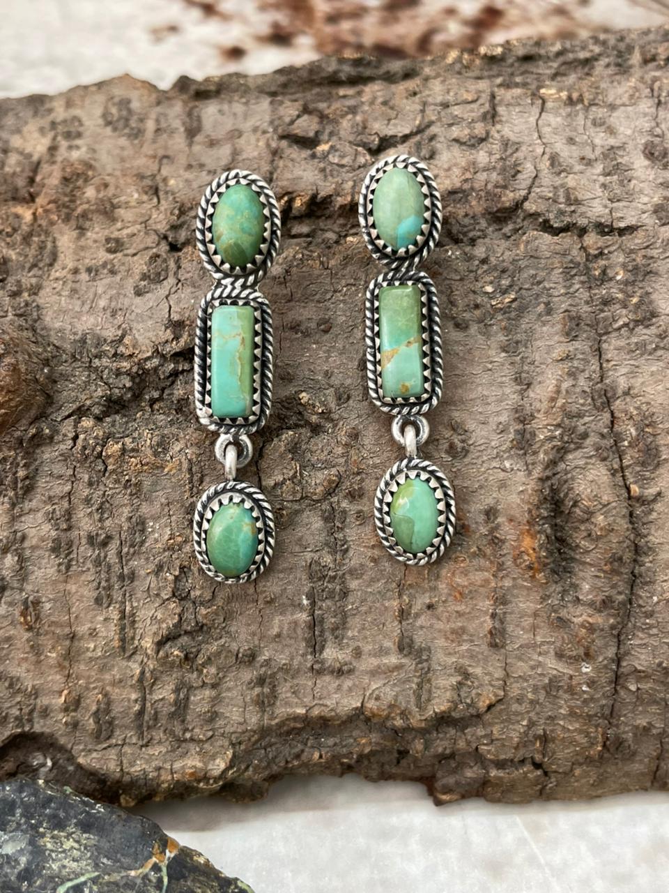 Handmade Sterling Silver Kingman Turquoise Post Dangle Earrings "Signed Nizhoni"