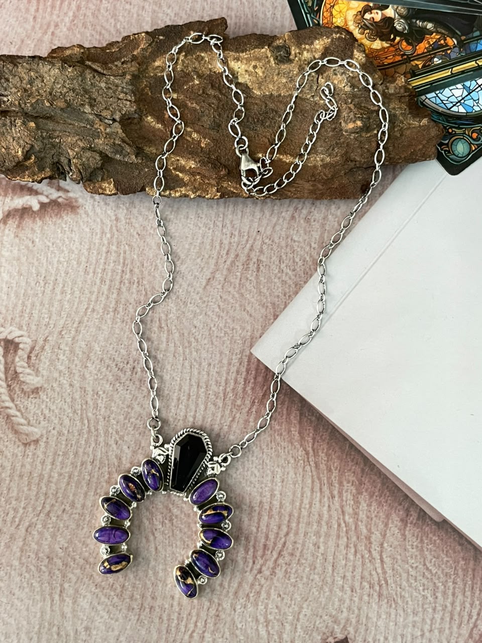 Handmade Sterling Silver Grape Dahlia with Black Onyx Halloween Collection: Naja Necklace Signed Nizhoni