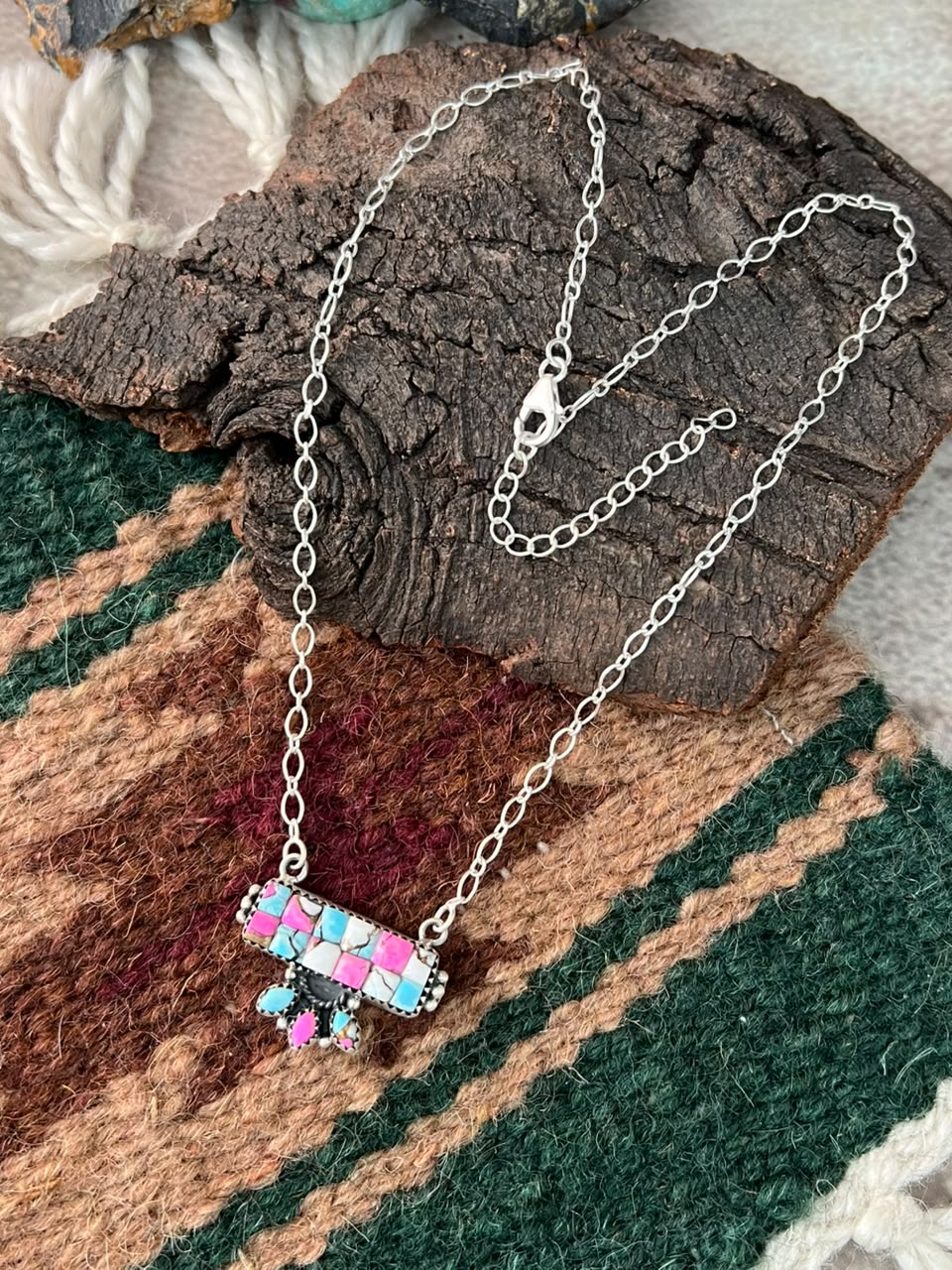 Handmade Sterling Silver Cotton Candy Cobble Stone Necklace Signed Nizhoni
