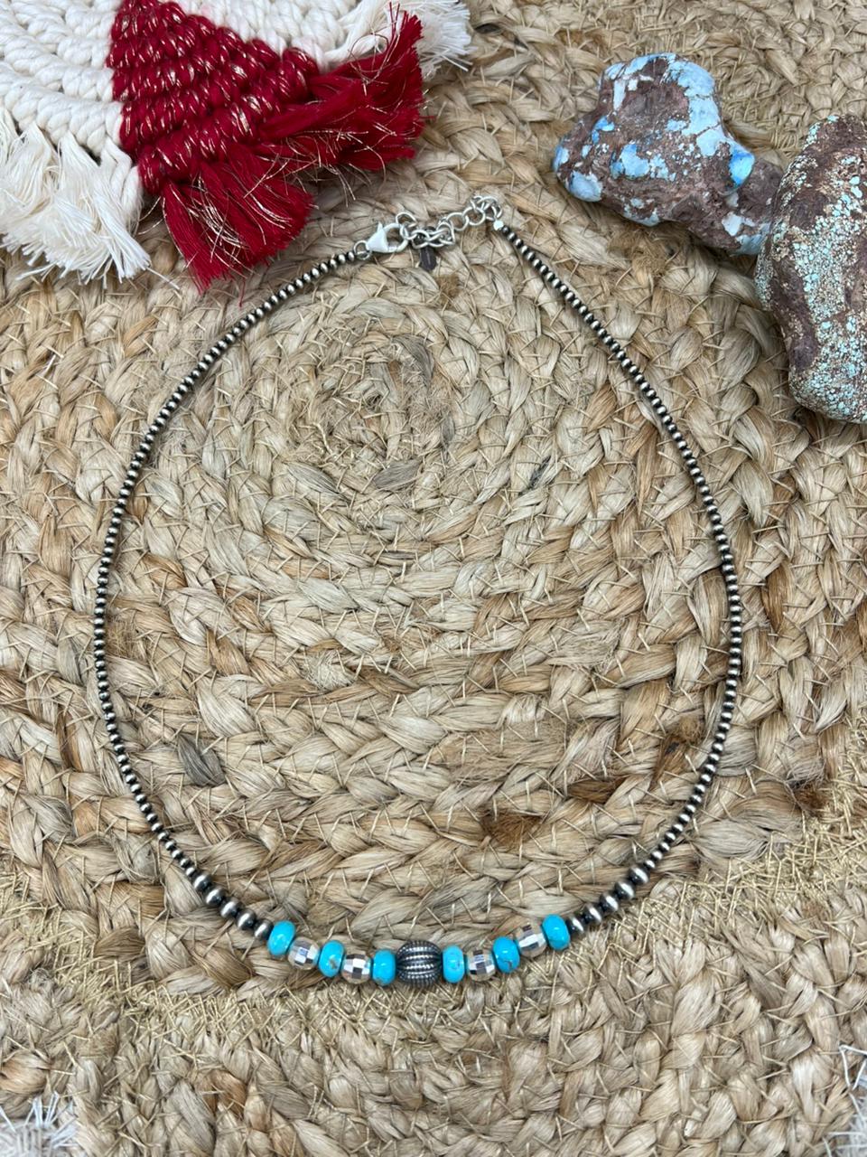 Handmade Sterling Silver Beaded Kingman Turquoise Necklace "Signed Nizhoni"