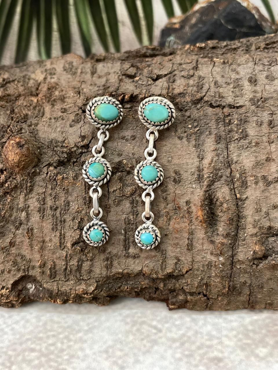 Handmade Sterling Silver Kingman Turquoise Post Dangle Earrings "Signed Nizhoni"