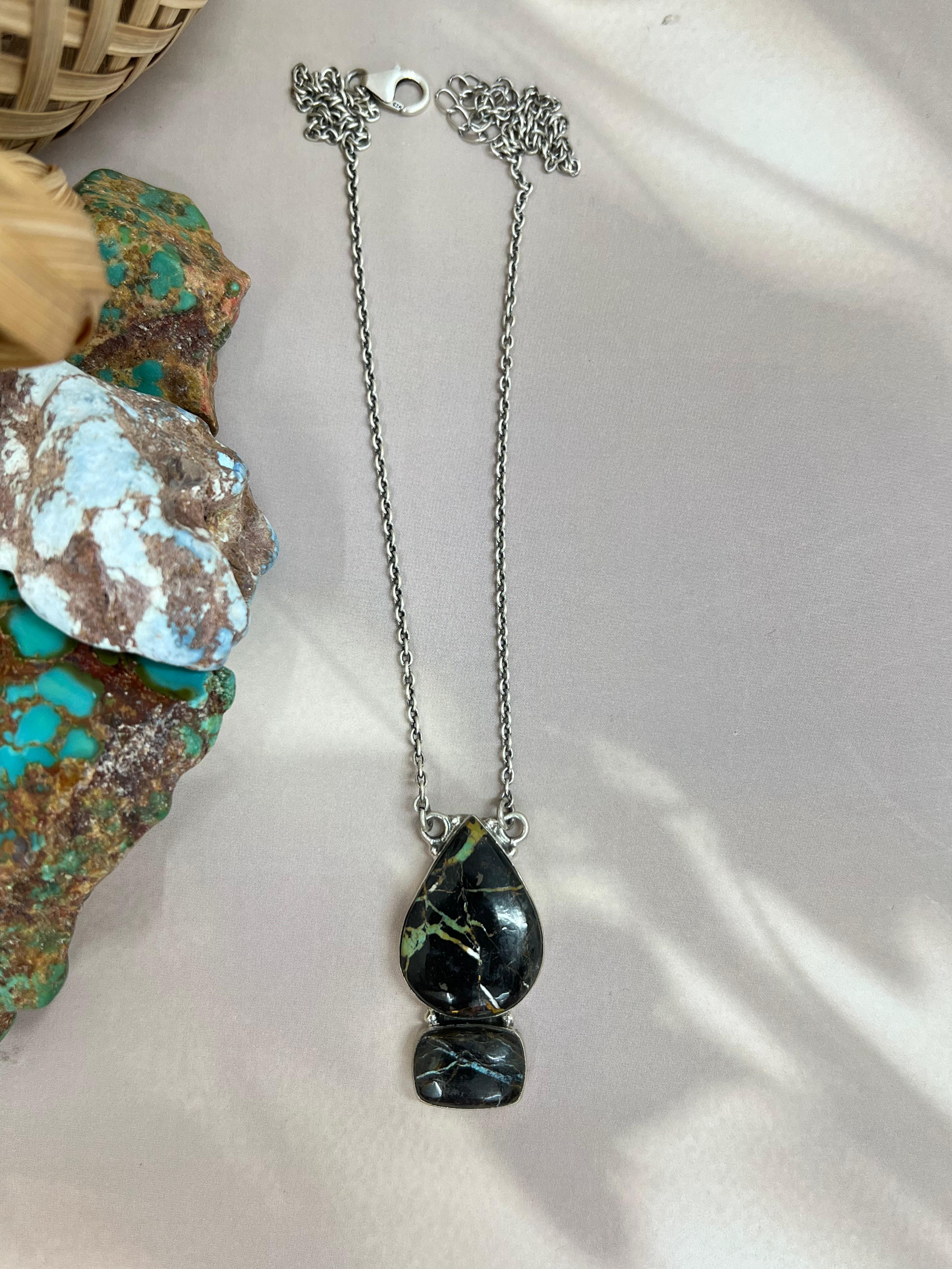 Handmade Sterling Silver Blackjack Turquoise Necklace Signed Nizhoni