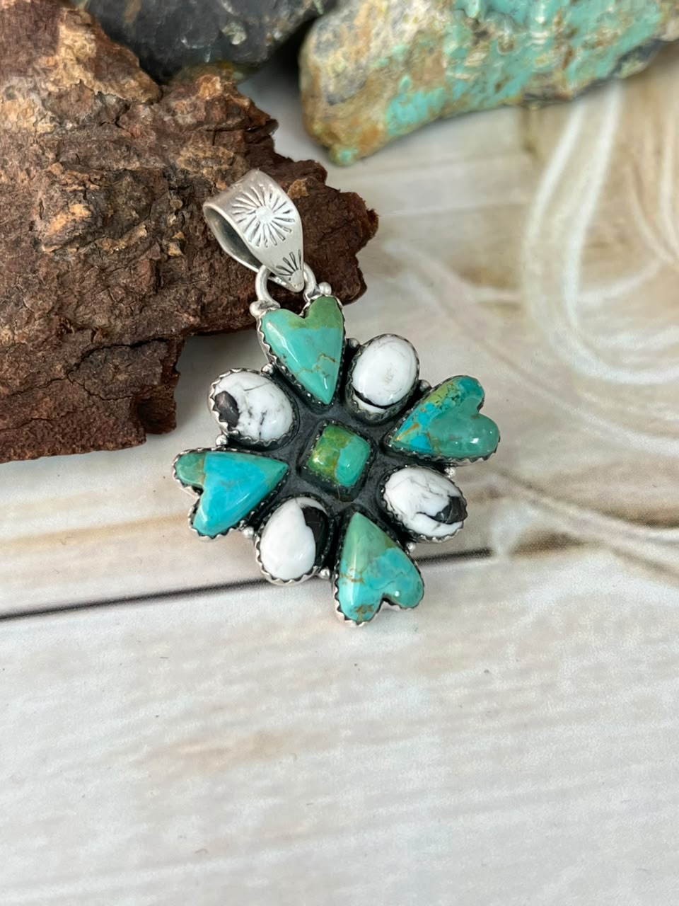Handmade Sterling Silver White Buffalo with Kingman Turquoise Pendant Signed Nizhoni
