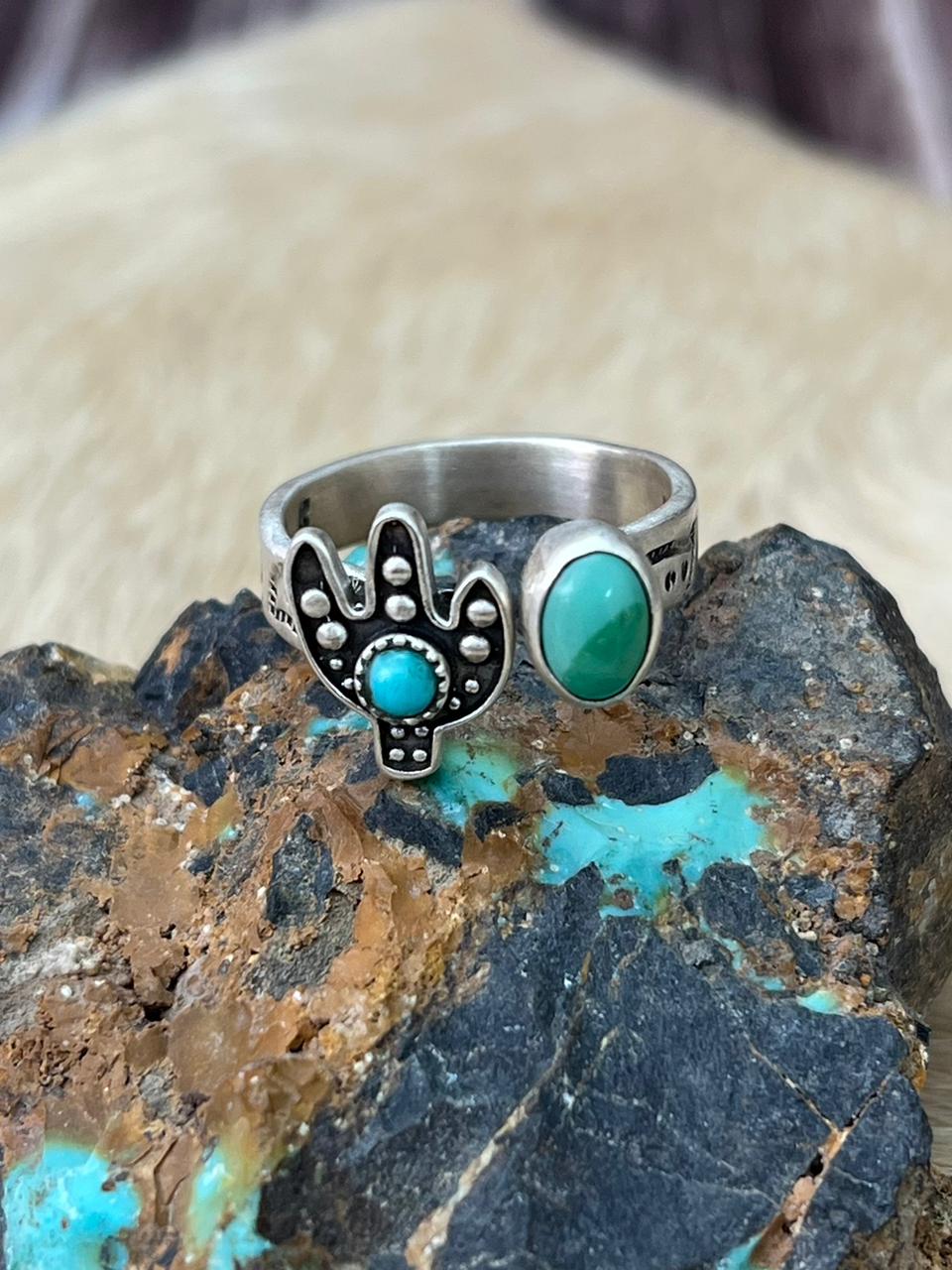 Handmade Sterling Silver Kingman Turquoise Adjustable Cactus Ring "Signed Nizhoni"