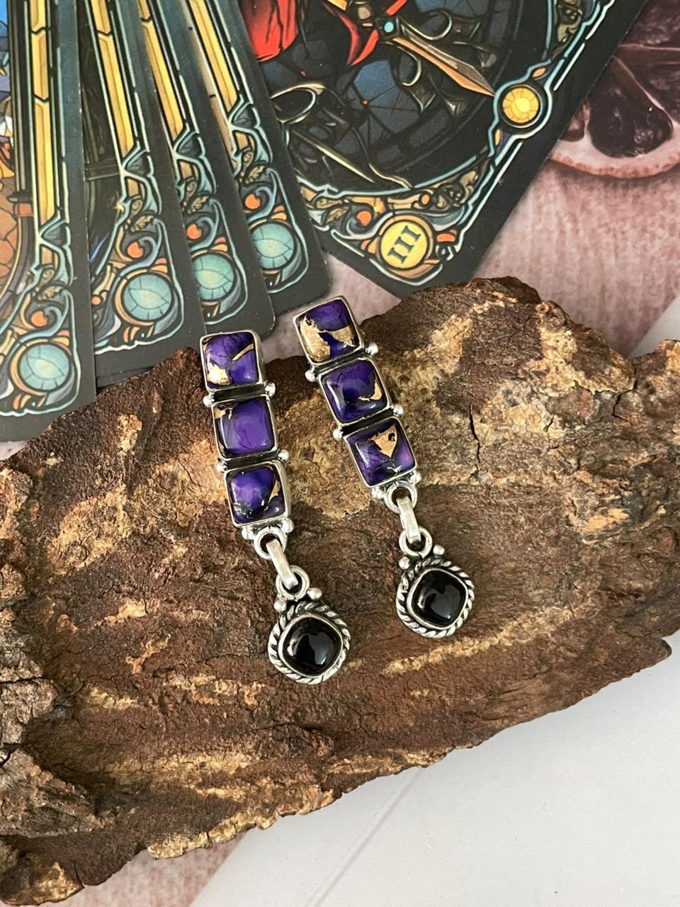 Handmade Sterling Silver Grape Dahlia with Black Onyx Halloween Collection: Post Dangle Earrings Signed Nizhoni