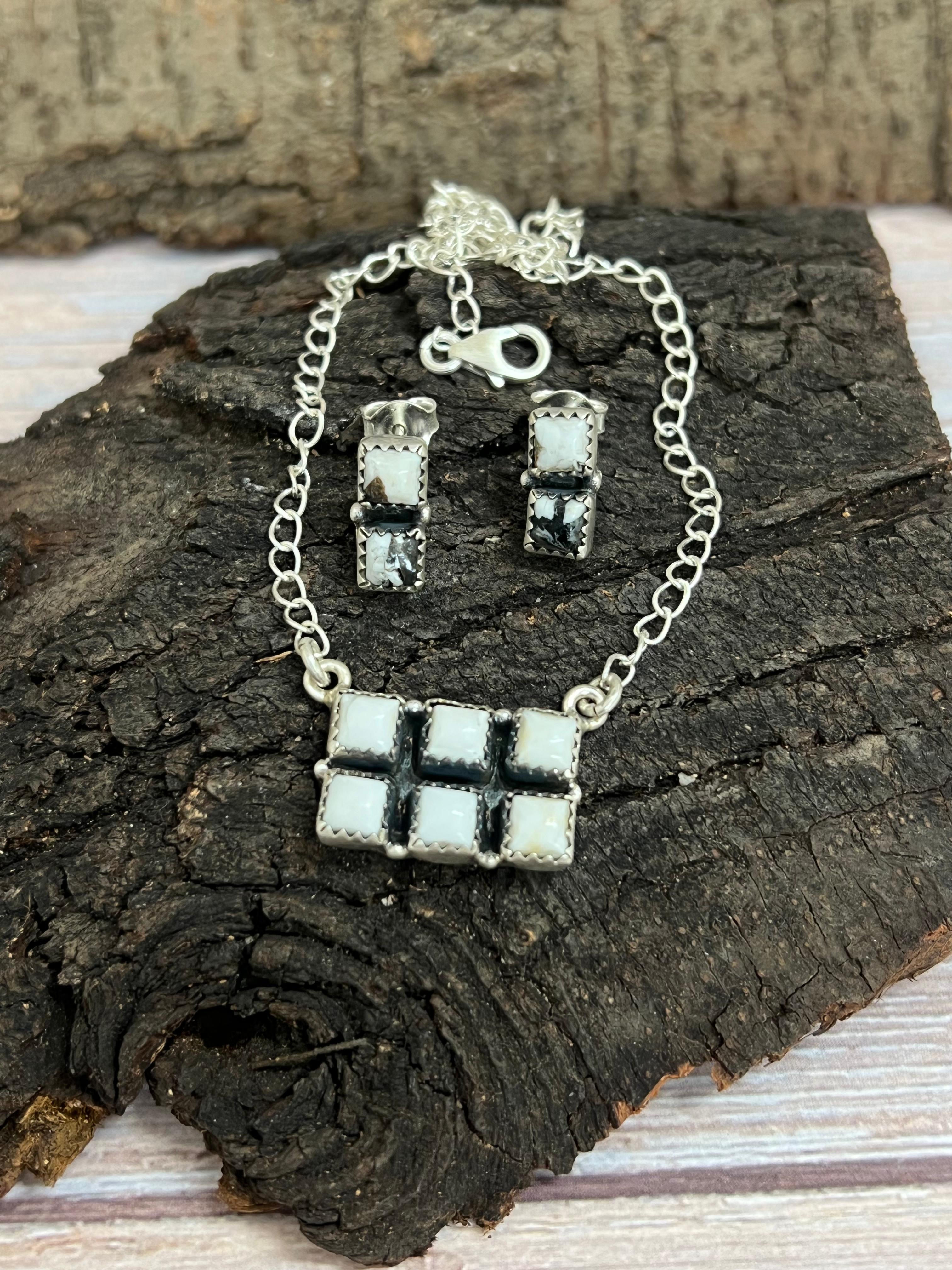 Handmade Sterling Silver White Buffalo Necklace & Earrings Set Signed Nizhoni