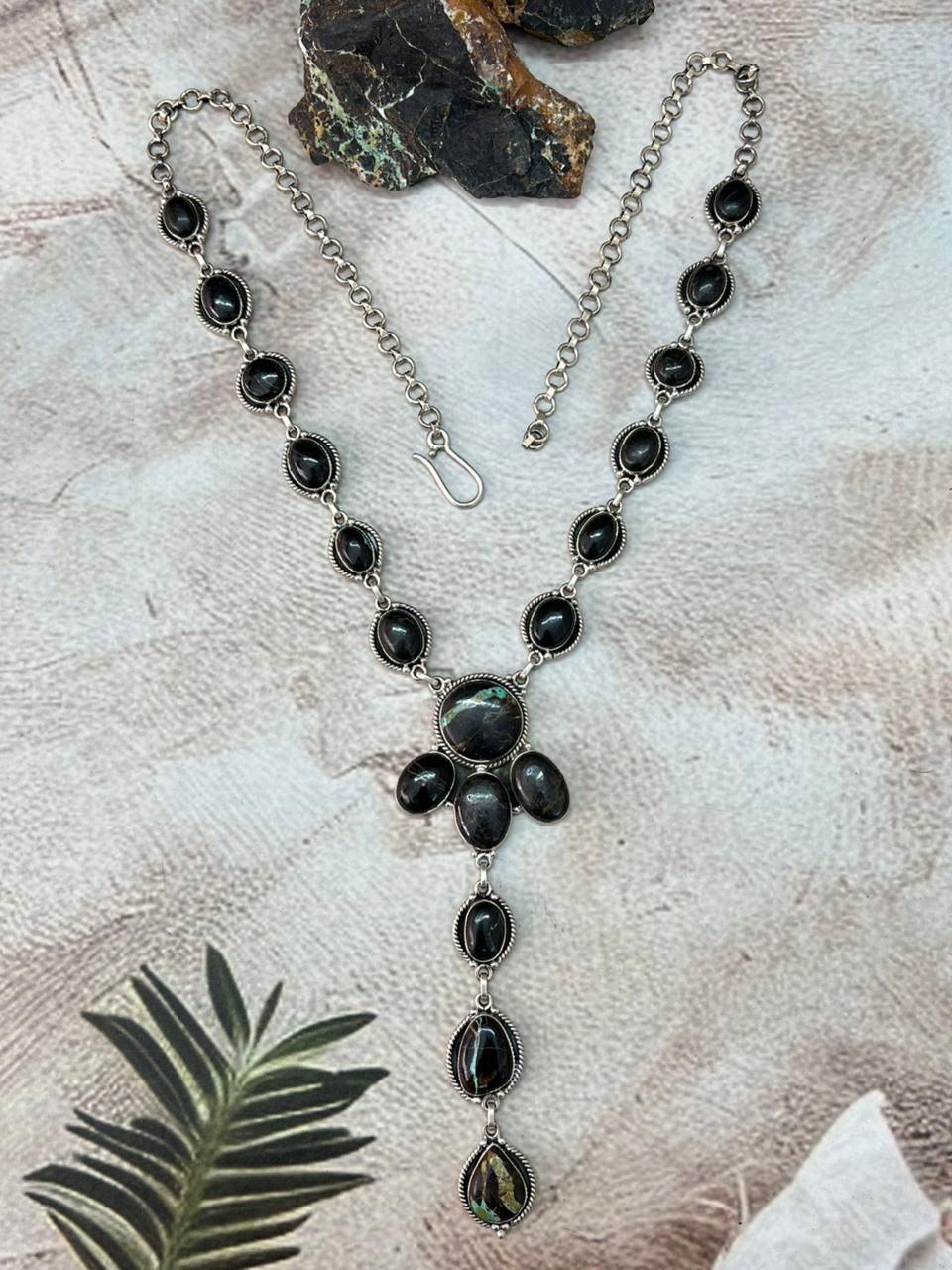 Handmade Sterling Silver Blackjack Turquoise Drop Necklace "Signed Nizhoni"