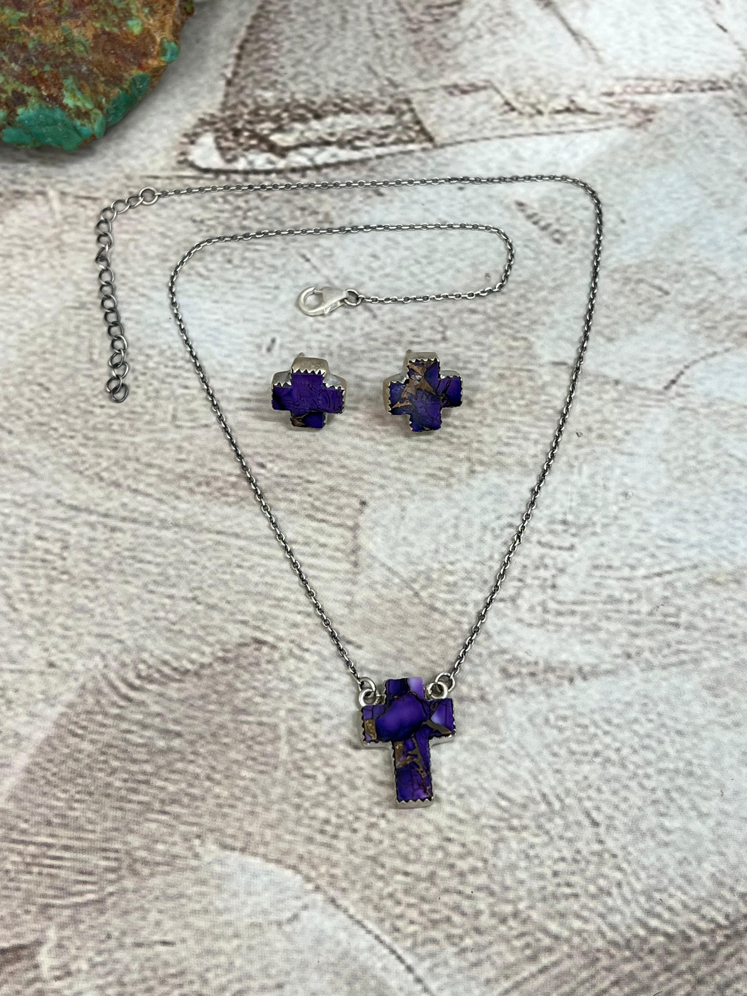 Handmade Sterling Silver Grape Dahlia Cross Necklace Earrings Set, Signed Nizhoni