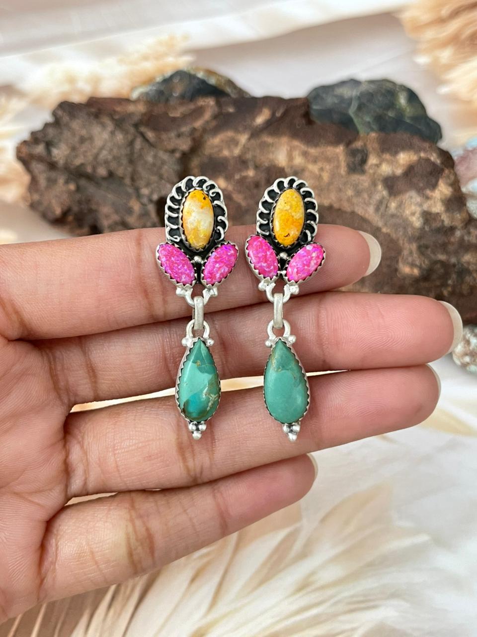 Handmade Sterling Silver Spring Collection: Hot Pink with Bumblebee and Kingman Post Dangle Earrings "Signed Nizhoni"