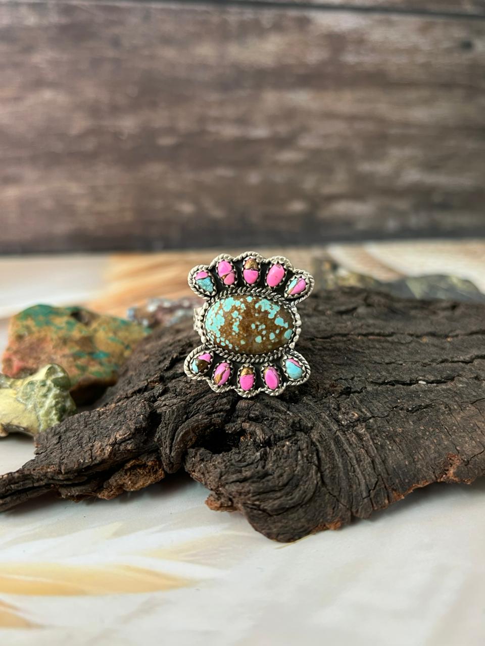 Handmade Sterling Silver Number 8 with Cotton Candy Adjustable Ring "Signed Nizhoni"