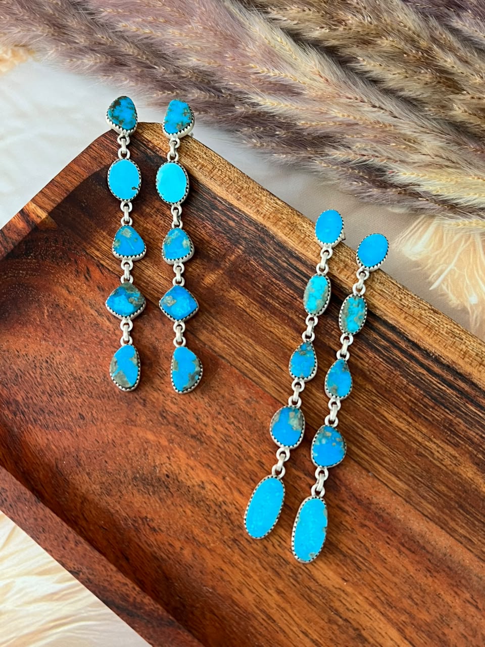 Handmade Sterling Silver Kingman Turquoise Post Dangle Earrings Signed Nizhoni 5 STONE