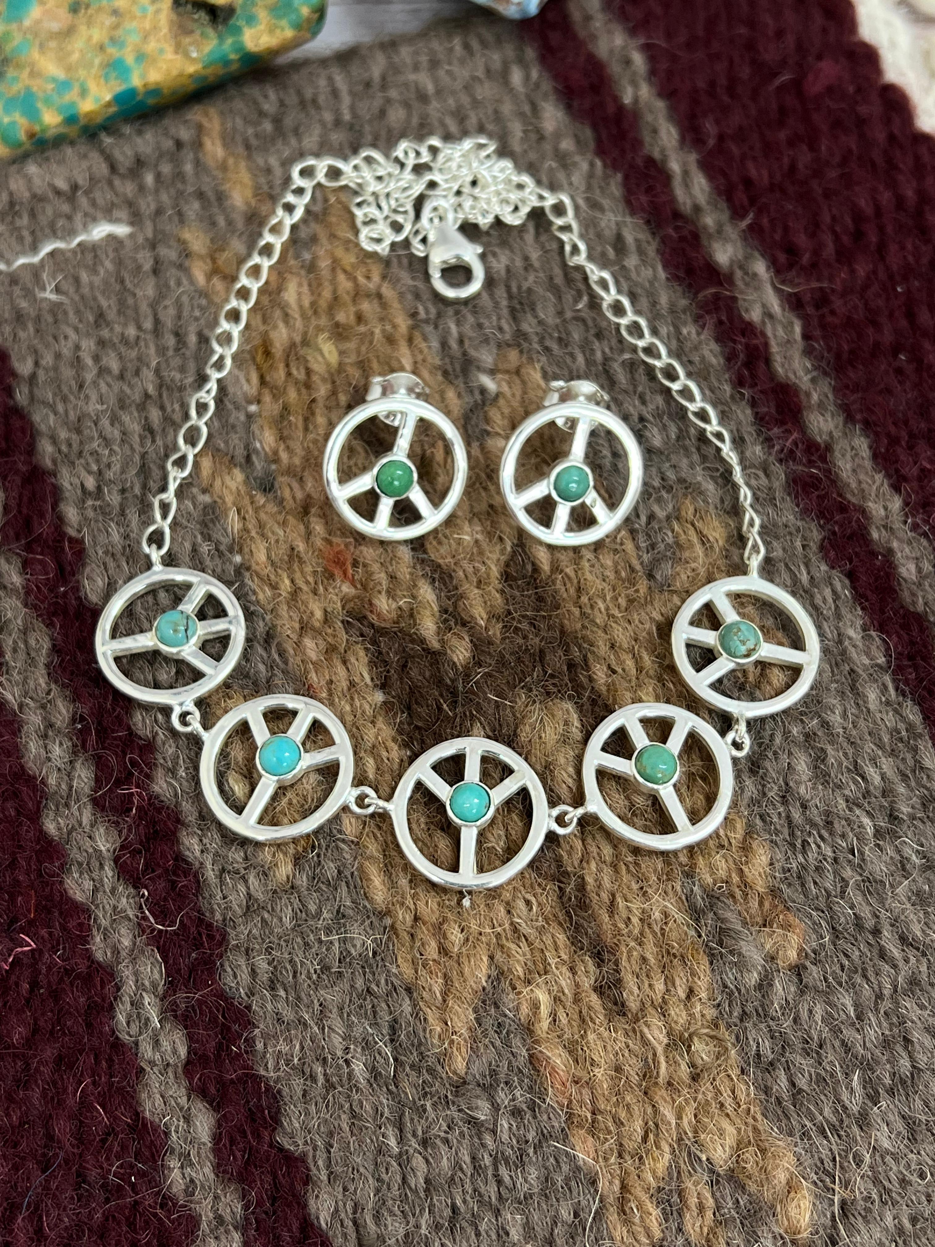 Handmade Sterling Silver Kingman Turquoise Necklace Earrings Set with Signed Nizhoni