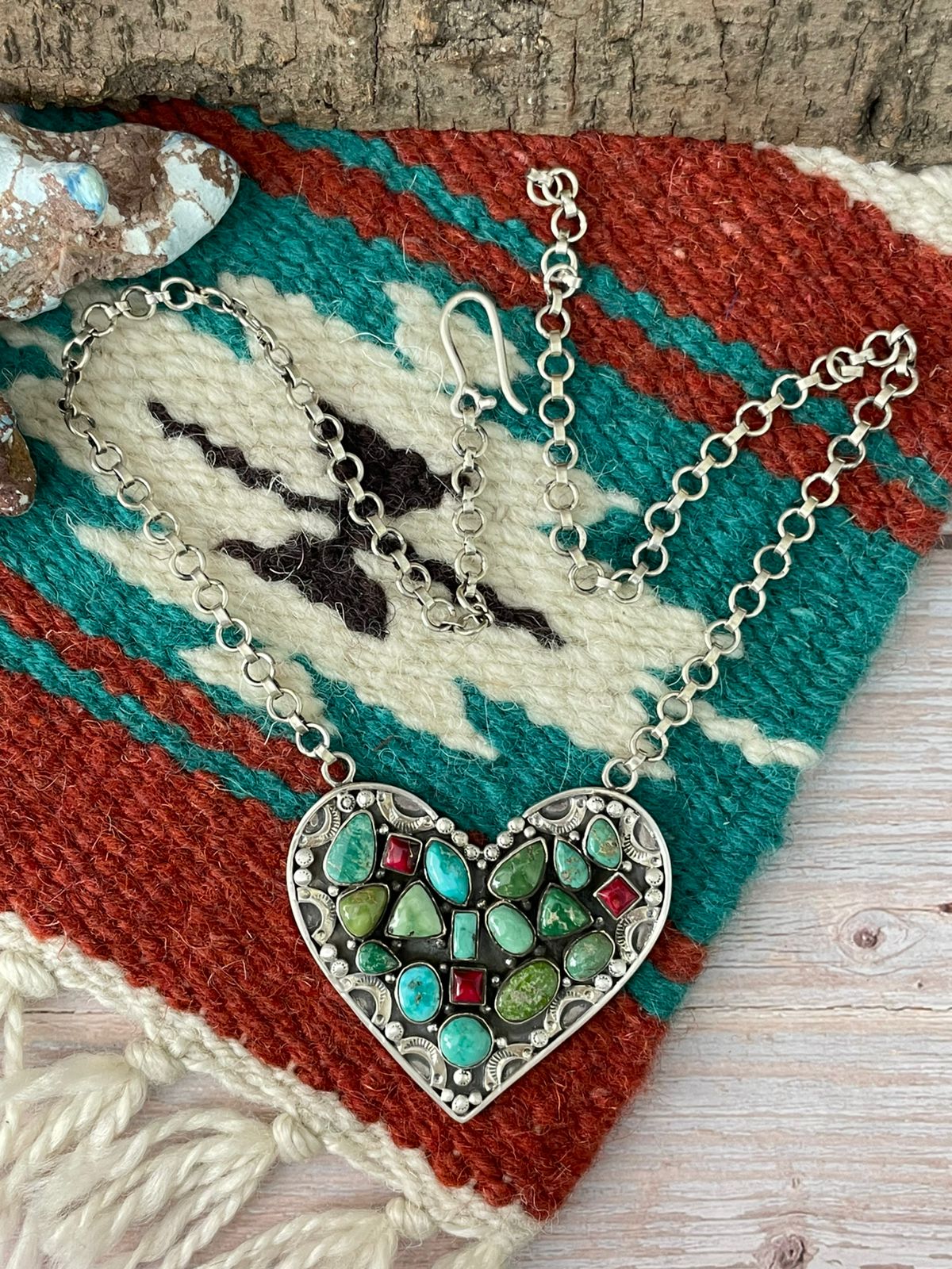 Handmade Sterling Silver Dahlia Rose with Emerald Valley Turquoise Necklace "Signed Nizhoni"