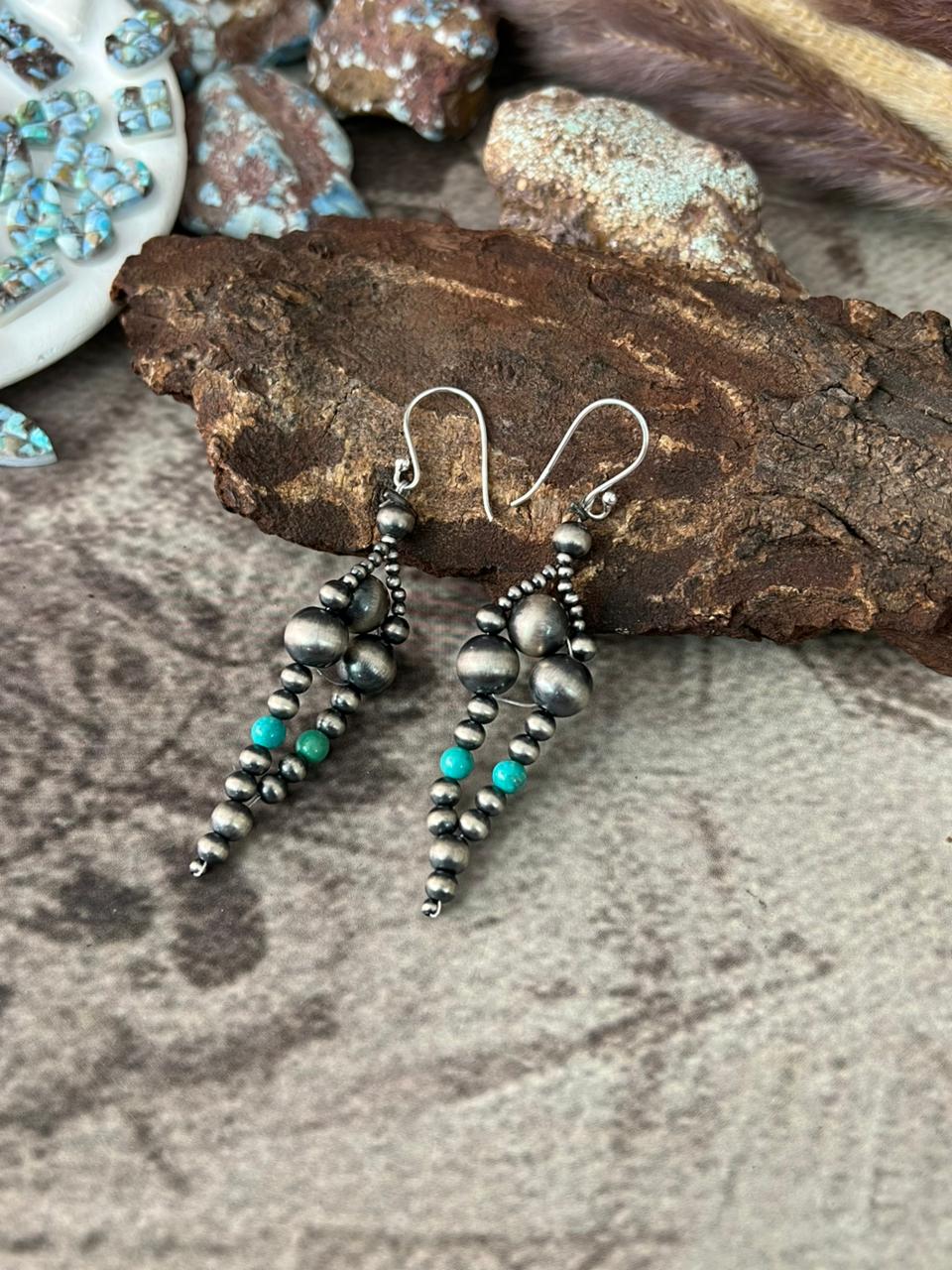 Handmade Sterling Silver Kingman Turquoise Hook Dangle Beaded Earrings