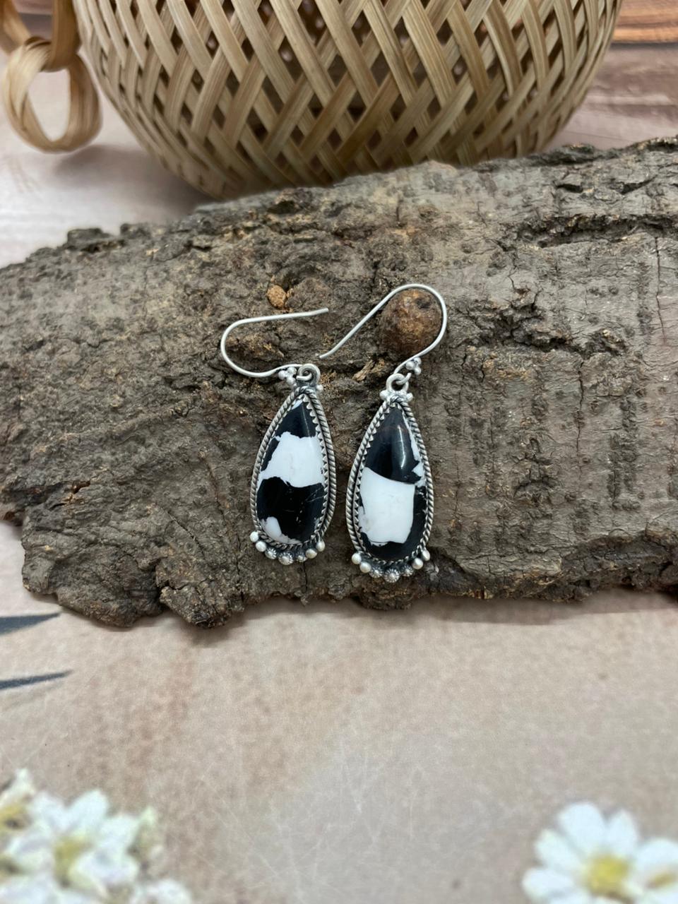 Handmade Sterling Silver White Buffalo Hook Dangle Earrings with Signed Nizhoni