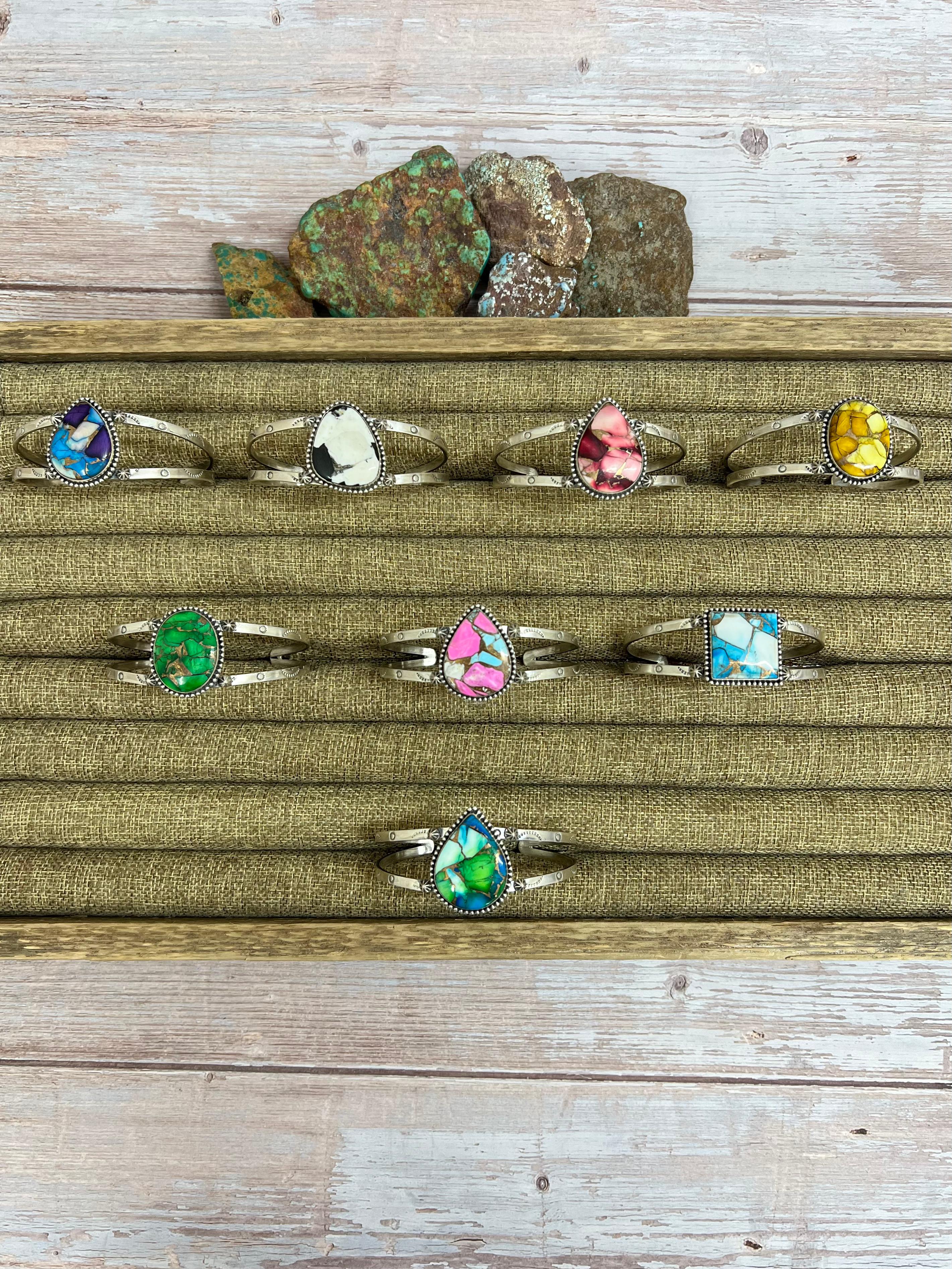 Handmade Sterling Silver Multi Stone Cuff Bracelet with Signed Nizhoni