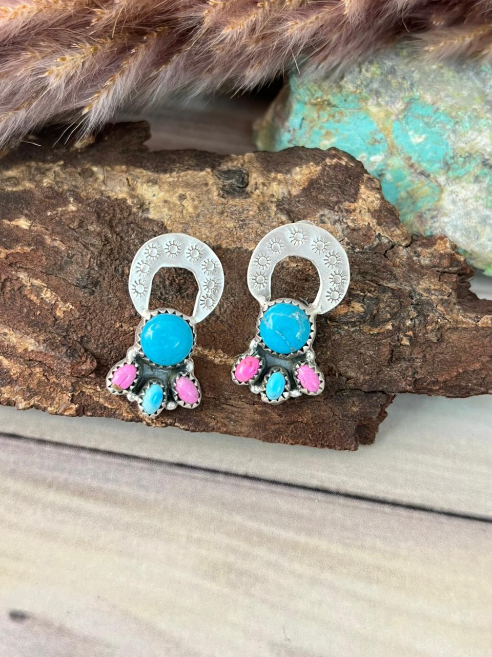 Handmade Sterling Silver Blue Kingman Turquoise with Cotton Candy Post Earrings Signed Nizhoni