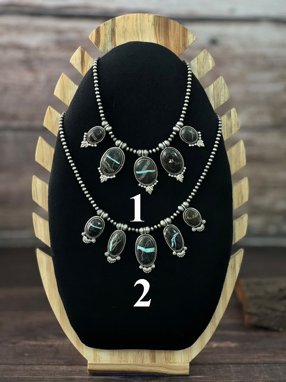 Handmade Sterling Silver Blackjack Turquoise Collection: Beaded Necklace Signed Nizhoni