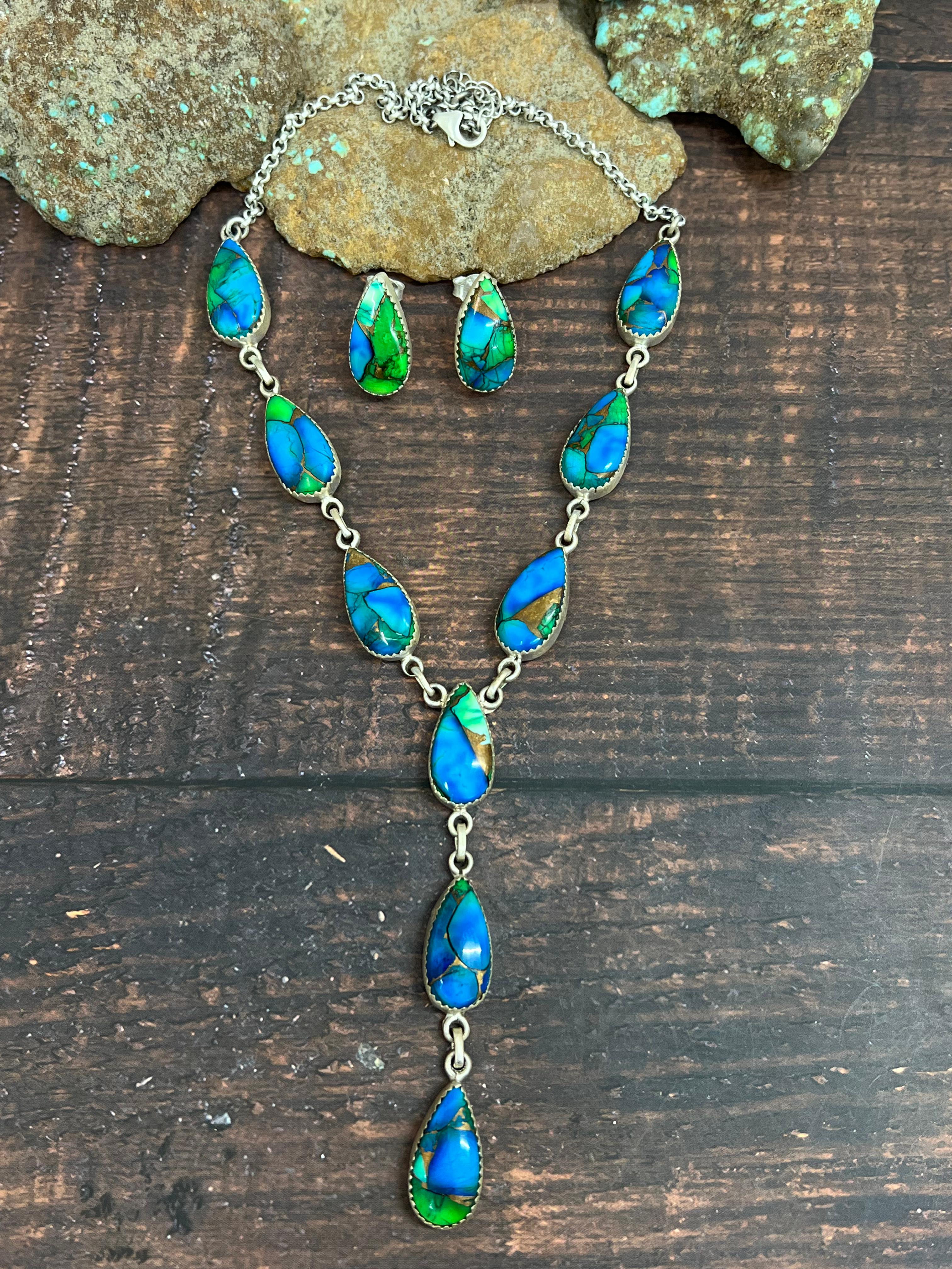 Handmade Sterling Silver Peacock Dahlia Necklace Earrings Set with Signed Nizhoni