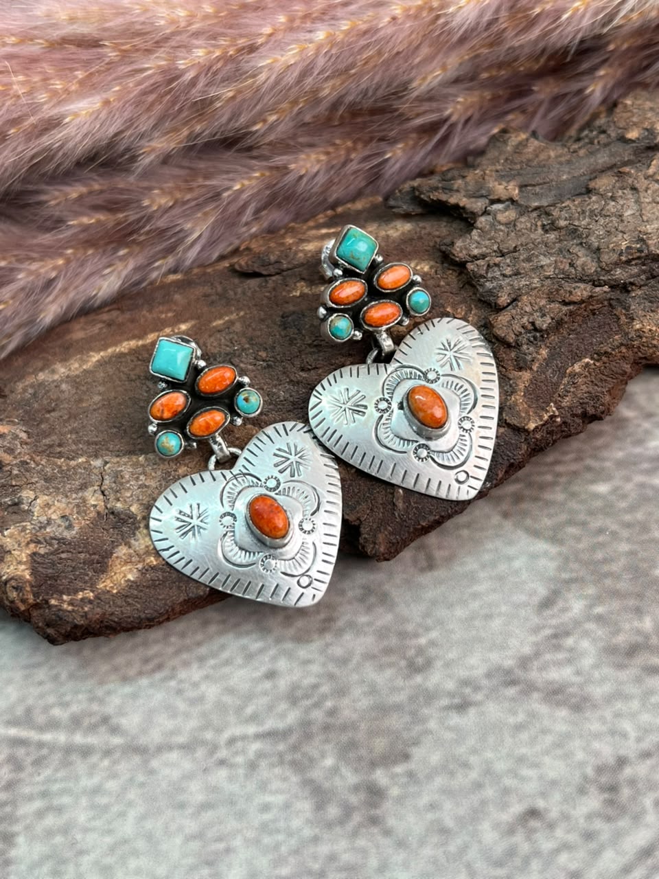 Handmade Sterling Silver Kingman Turquoise with Orange Mojave Post Dangle Heart Earrings Signed Nizhoni