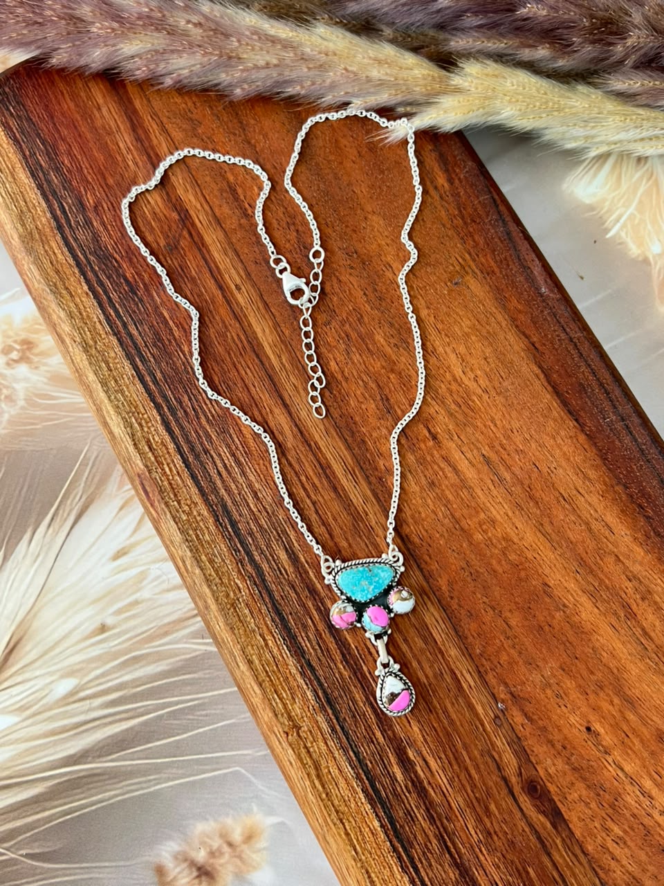 Handmade Sterling Silver Cotton Candy with White Water Turquoise Necklace Signed Nizhoni