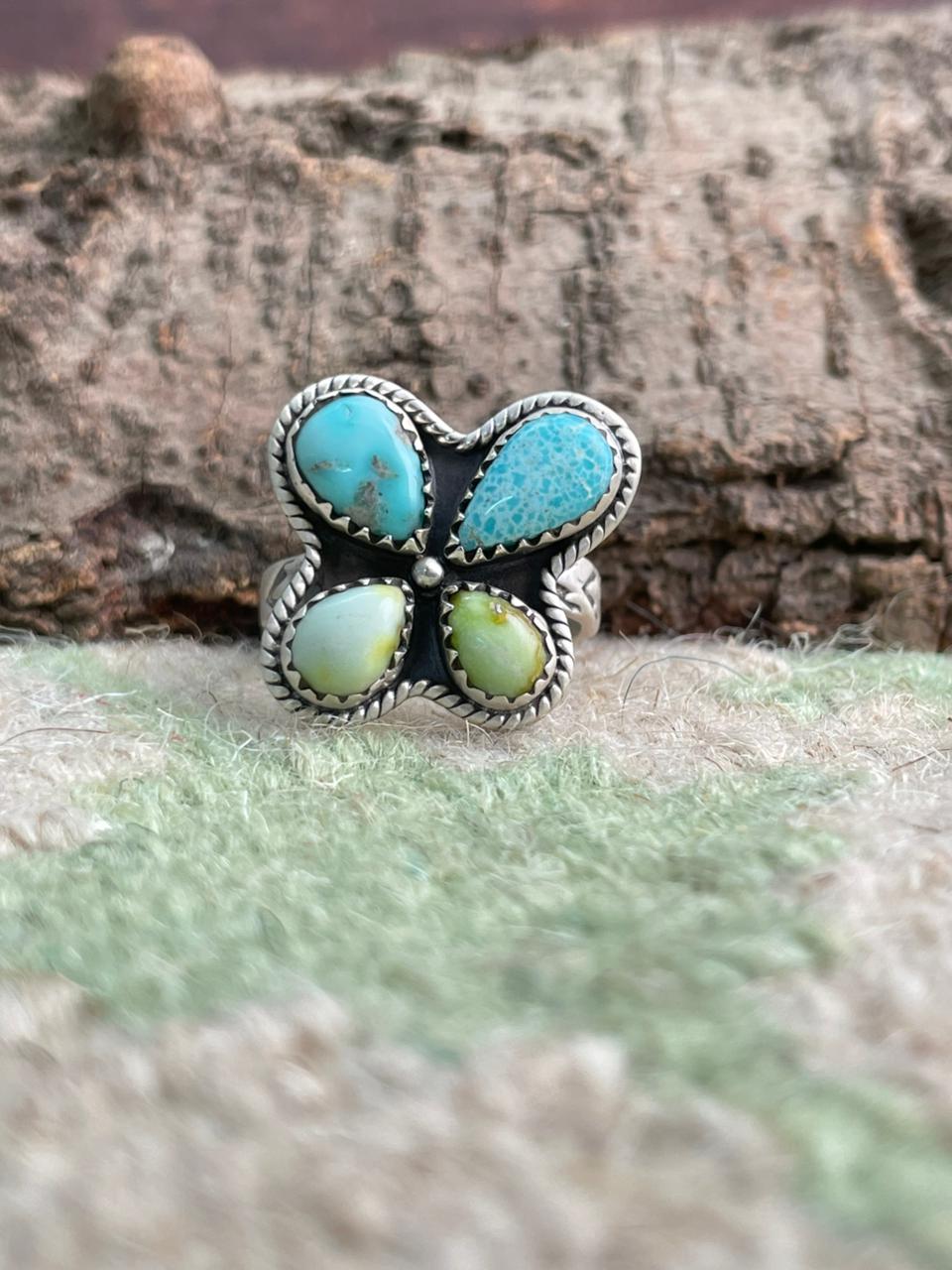 Handmade Sterling Silver White Water with Palomino Turquoise Adjustable Ring "Signed Nizhoni"