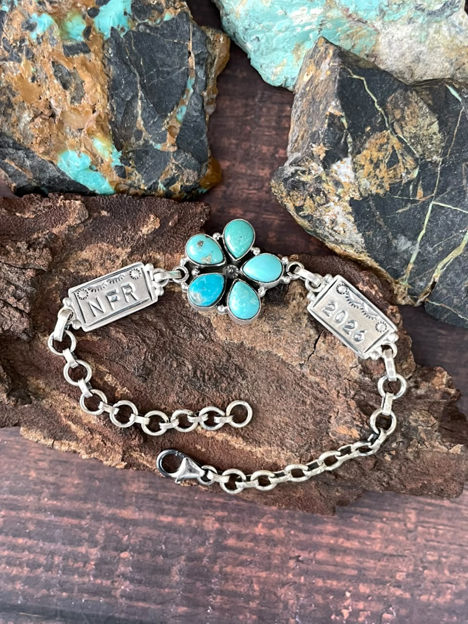 Handmade Sterling Silver Kingman Turquoise NFR Collection: Chain Bracelet Signed Nizhoni