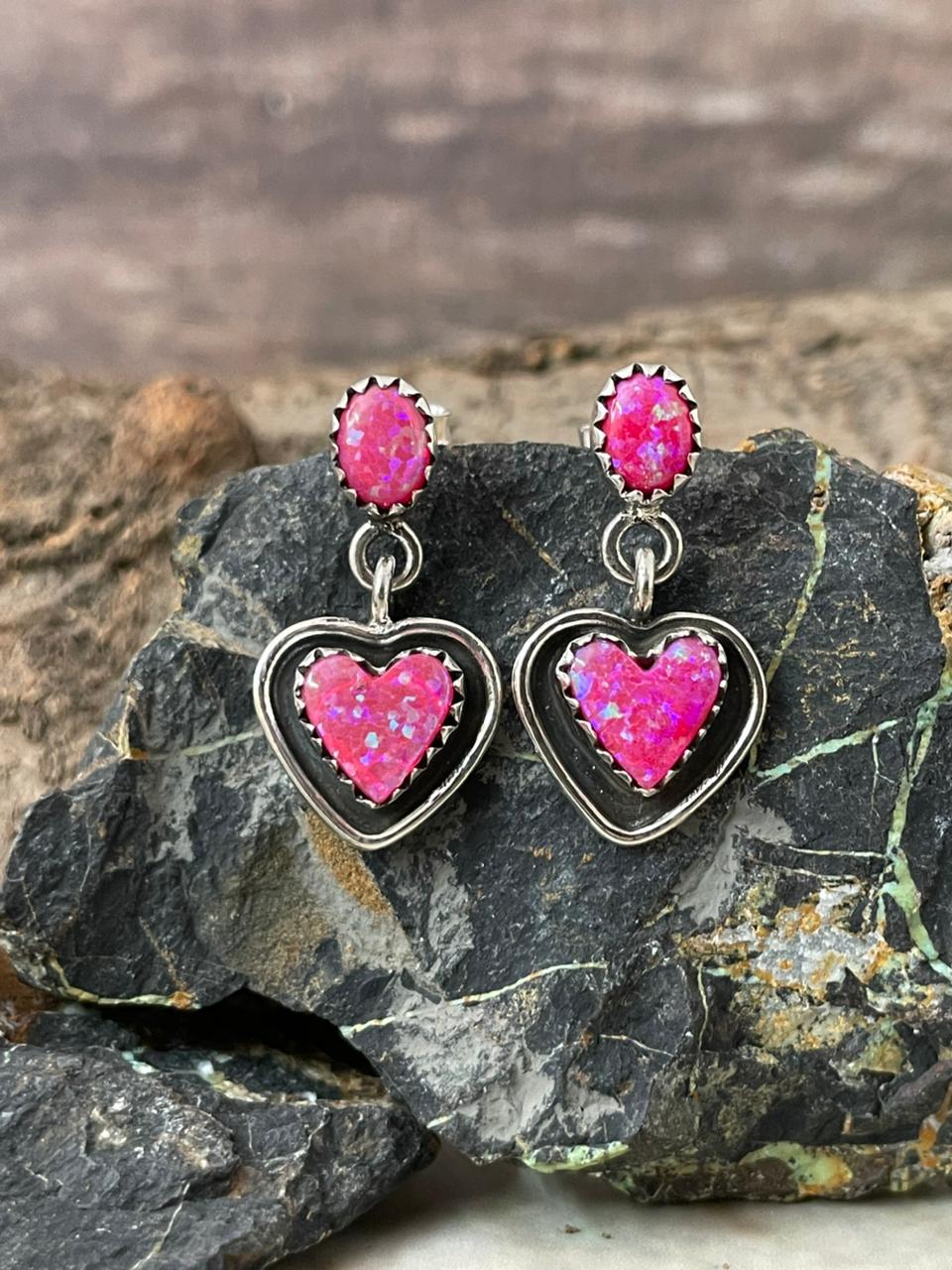 "Heart Collection" Handmade Sterling Silver Hot Pink Post Dangle Earrings "Signed Nizhoni"