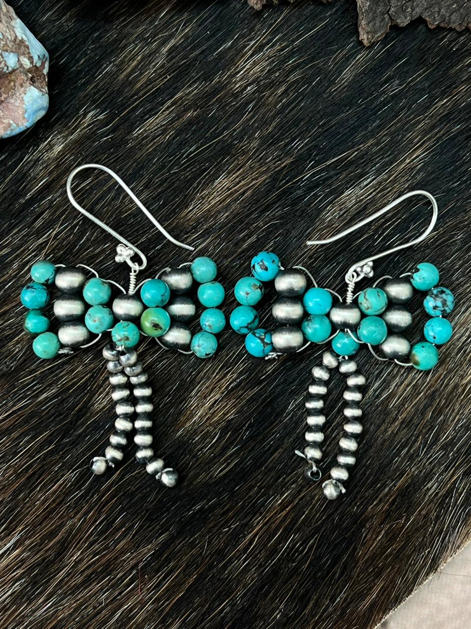 Handmade Sterling Silver Kingman Turquoise Beaded Hook Dangle Earrings "Signed Nizhoni"