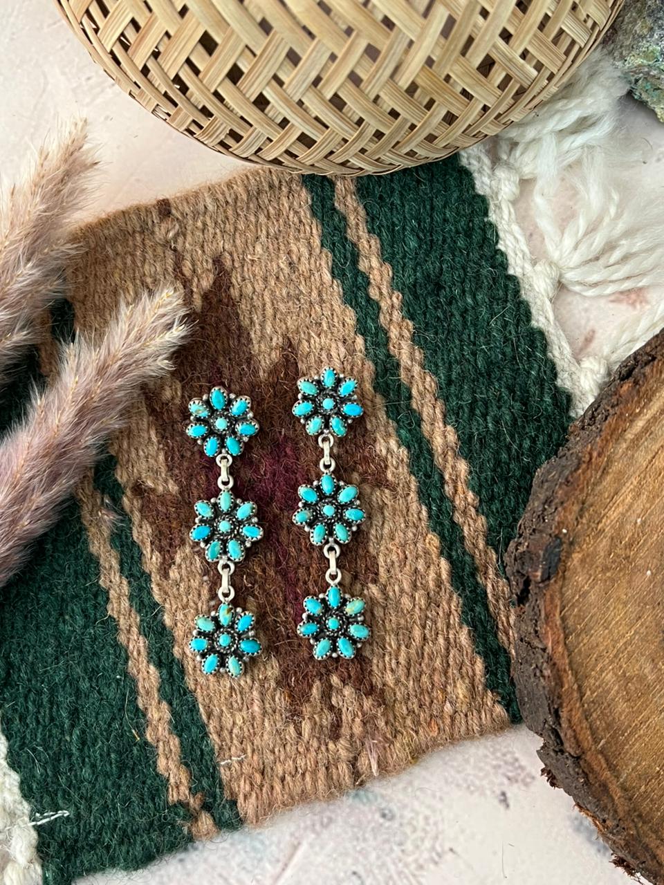 Handmade Sterling Silver Kingman Turquoise Post Dangle Earrings Signed Nizhoni