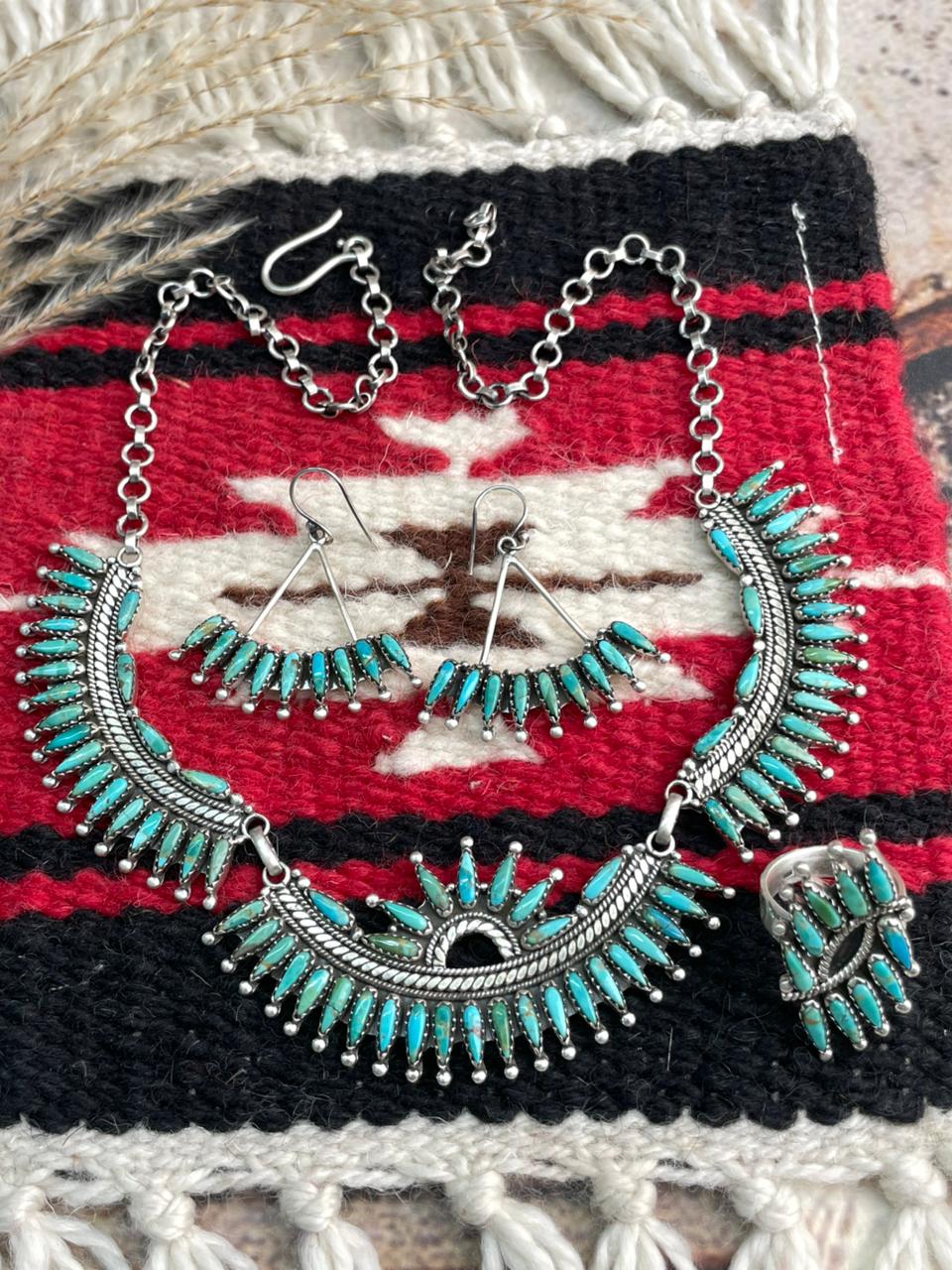 Handmade Sterling Silver Needle Collection: Kingman Turquoise Necklace Earrings Ring Set "Signed Nizhoni"