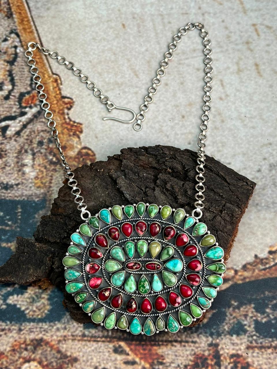 Handmade Sterling Silver Dahlia Rose with Emerald Valley Turquoise Necklace "Signed Nizhoni"