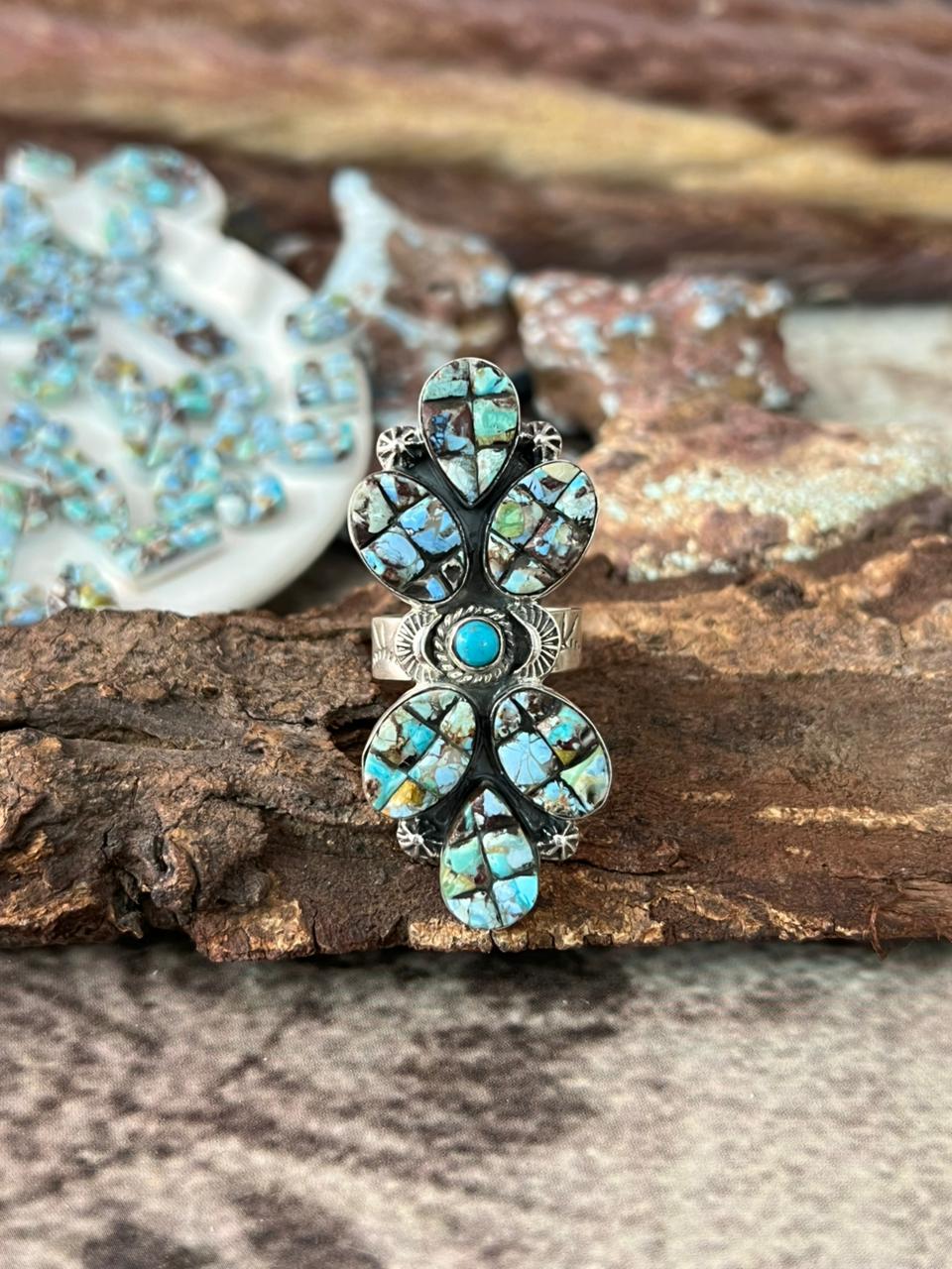 Handmade Sterling Silver 'Golden Hills Turquoise Cobble Collection' Adjustable Ring "Signed Nizhoni"