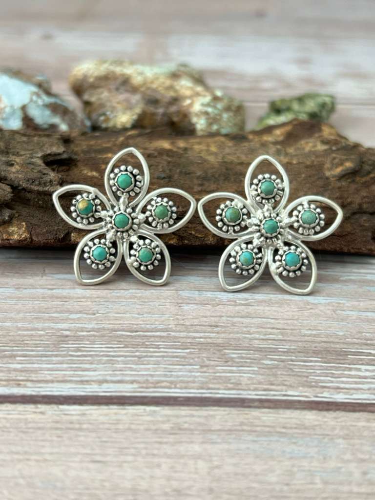 Handmade Sterling Silver Kingman Turquoise Post Studs with Signed Nizhoni