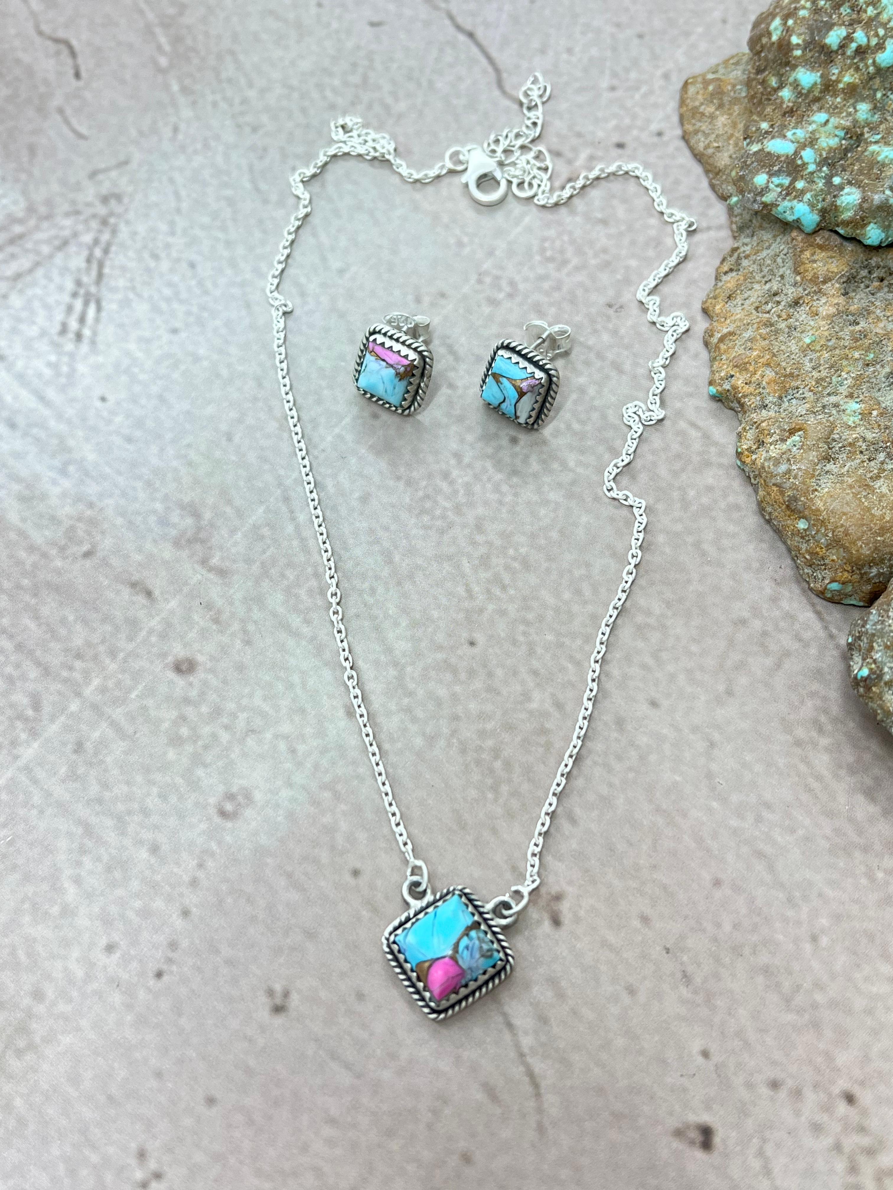 Handmade Sterling Silver Cotton Candy Turquoise Necklace Earrings Set, Signed Nizhoni