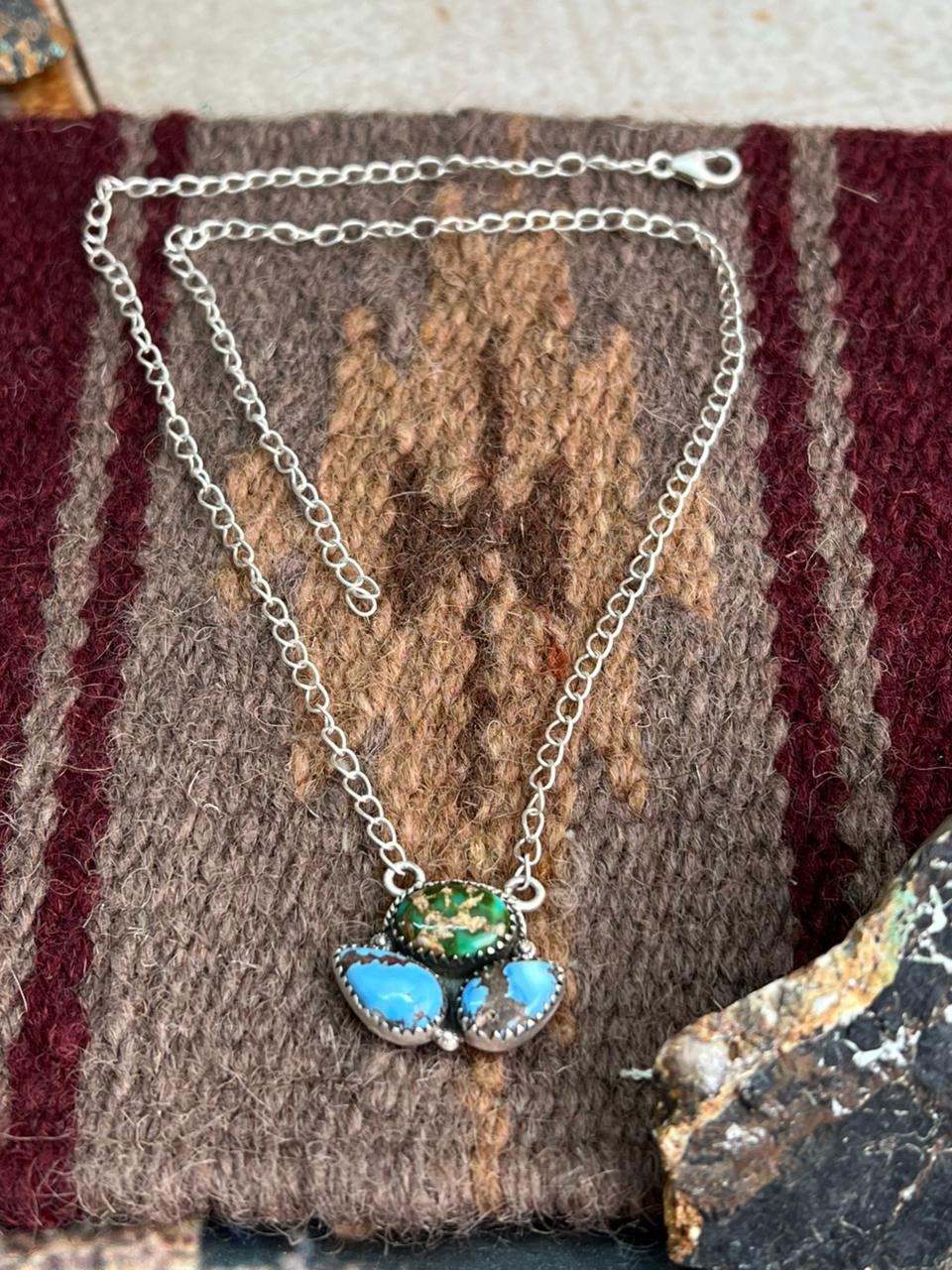 Handmade Sterling Silver Golden Hills Turquoise with Sonoran Mountain Turquoise Necklace "Signed Nizhoni"