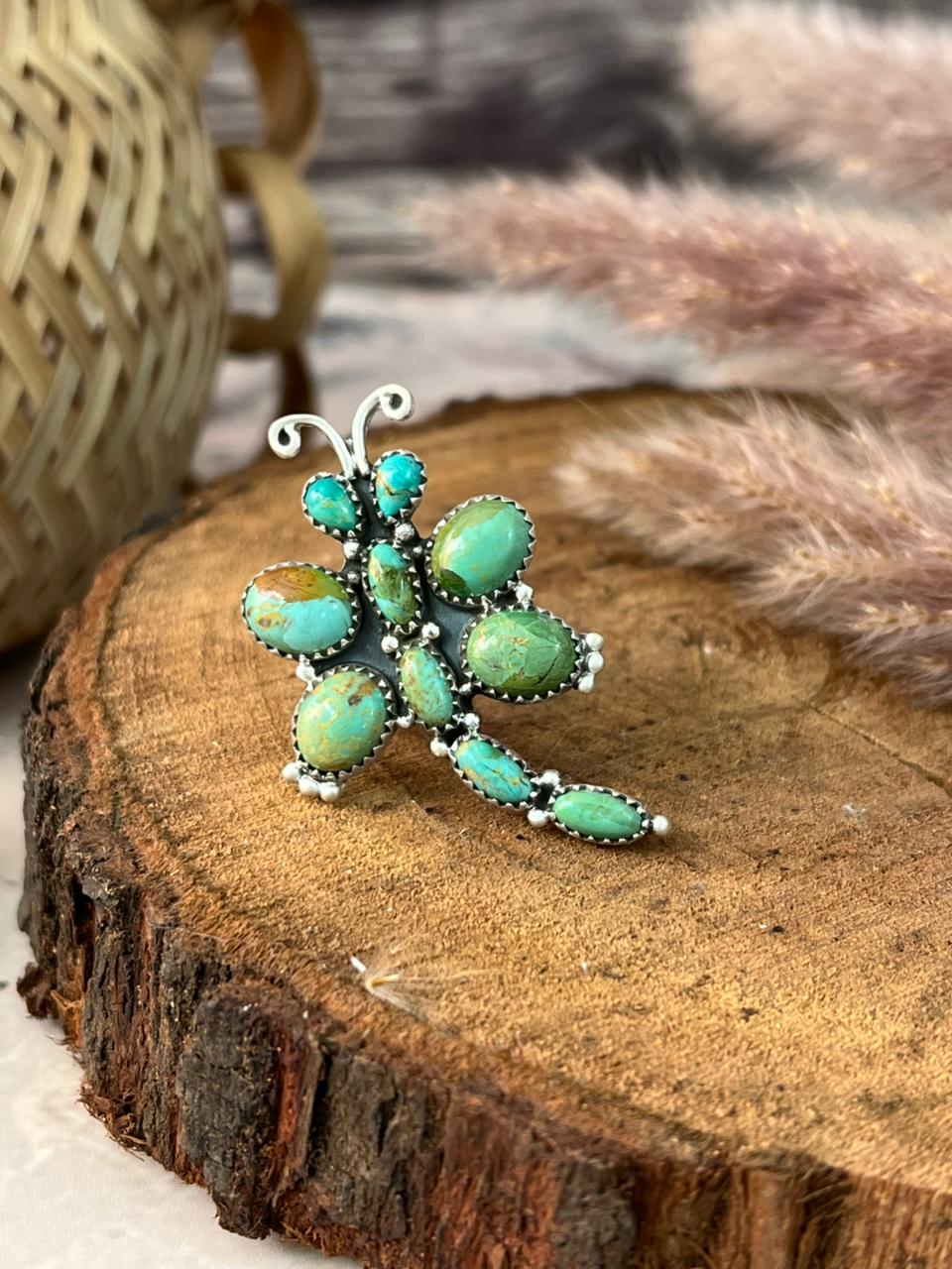 Handmade Sterling Silver Kingman Turquoise Dragonfly Adjustable Ring Signed Nizhoni