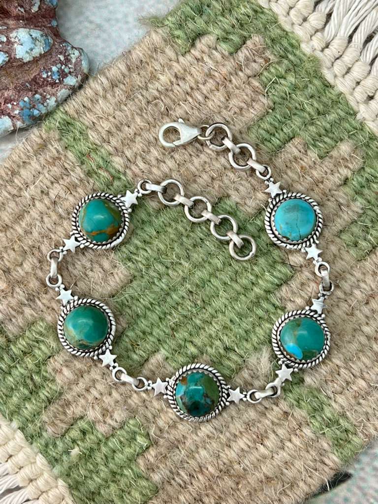 Handmade Sterling Silver Kingman Turquoise Chain Bracelet with Signed Nizhoni