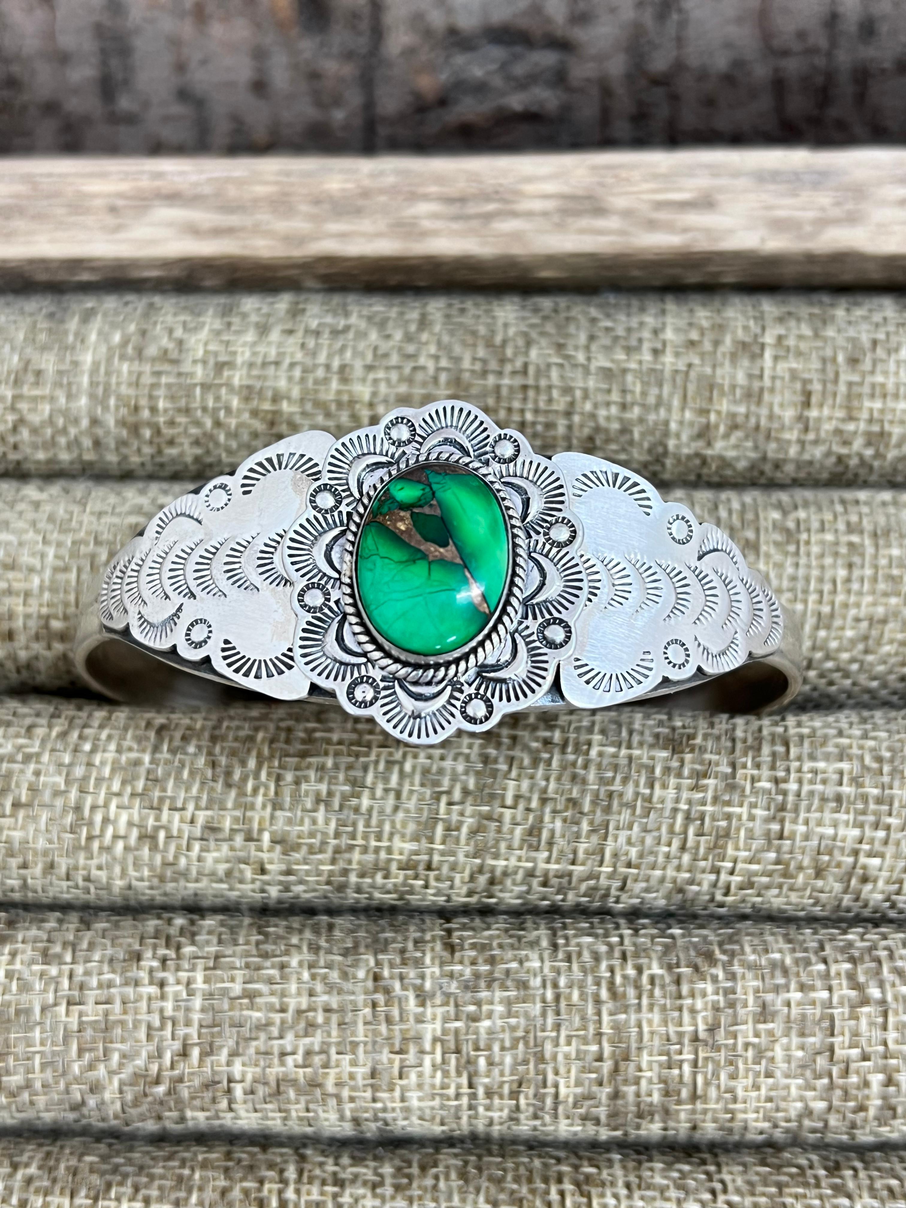 Handmade Sterling Silver Kelly Green Dahlia Cuff Bracelet with Signed Nizhoni