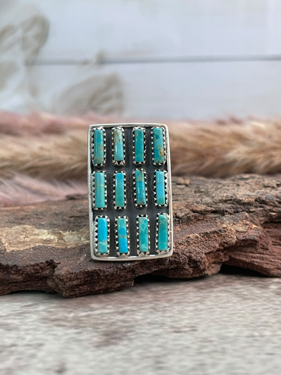 Handmade Sterling Silver Kingman Turquoise Adjustable Bar Ring Signed Nizhoni